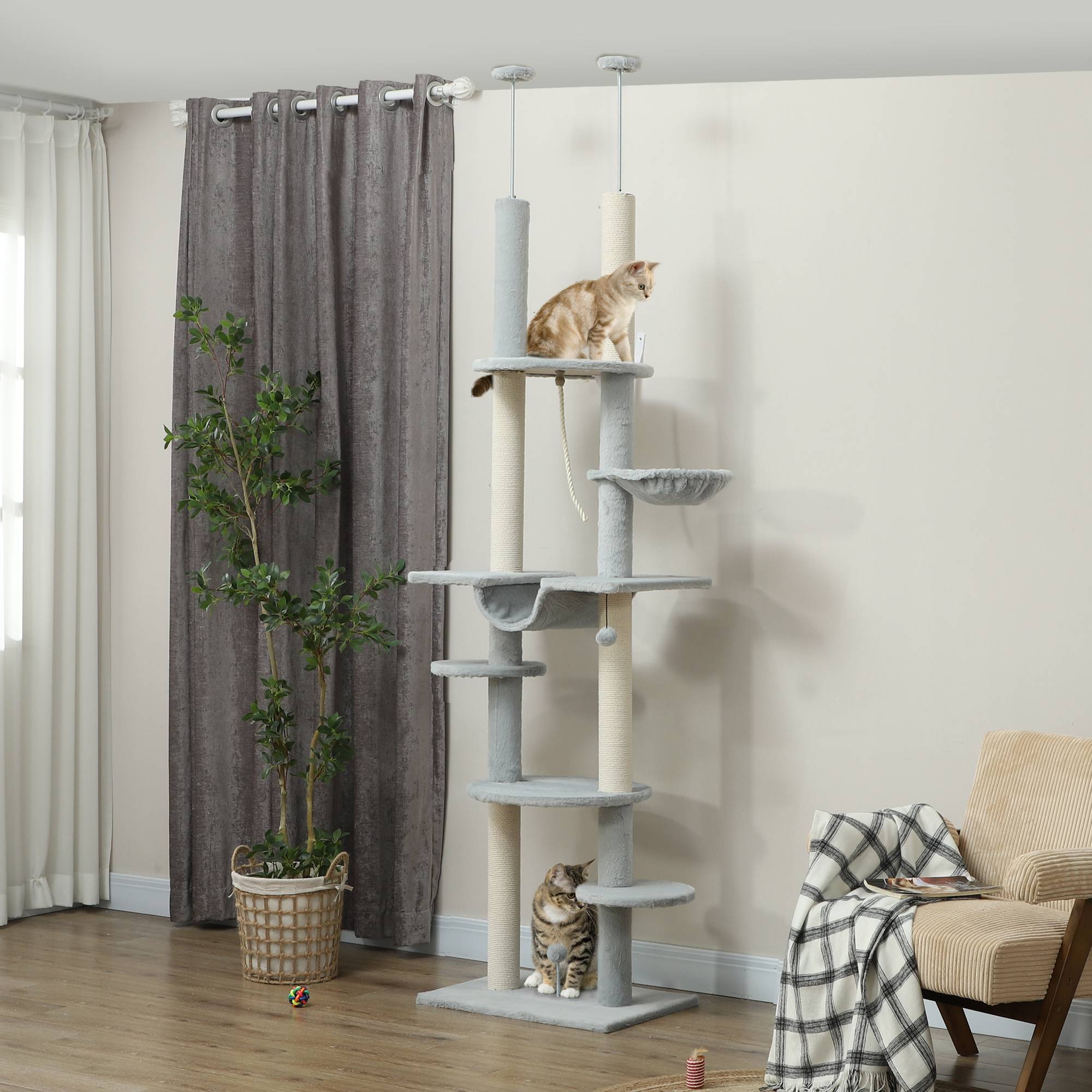 Arbre à chat du sol au plafond (225-255 cm) avec hamacs, plateformes, jouet en corde et balle - Gris - Image 4