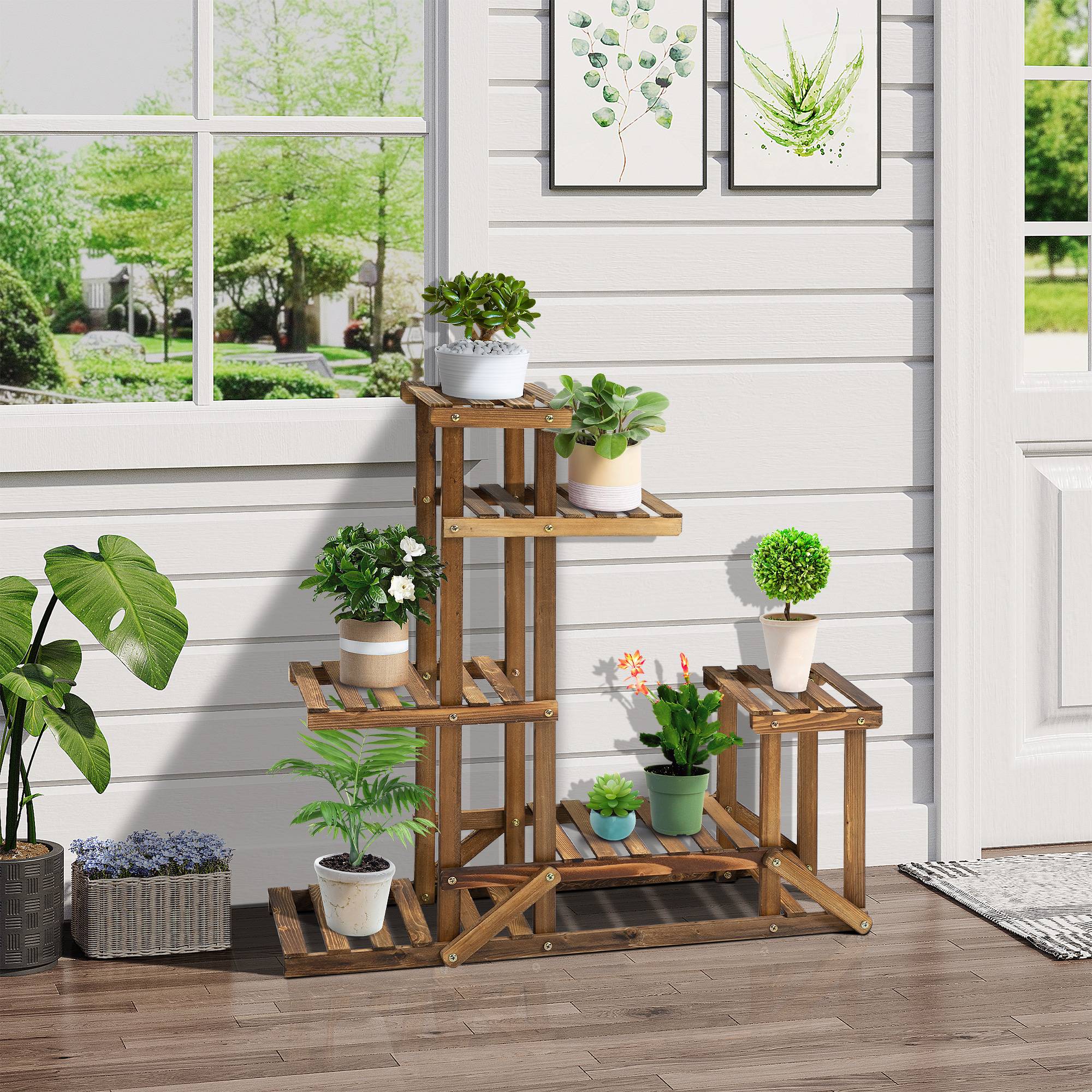 Étagère porte-plantes 6 niveaux en bois carbonisé pour intérieur et extérieur 98x96cm - ComfortXL Outdoor Living - Image 3