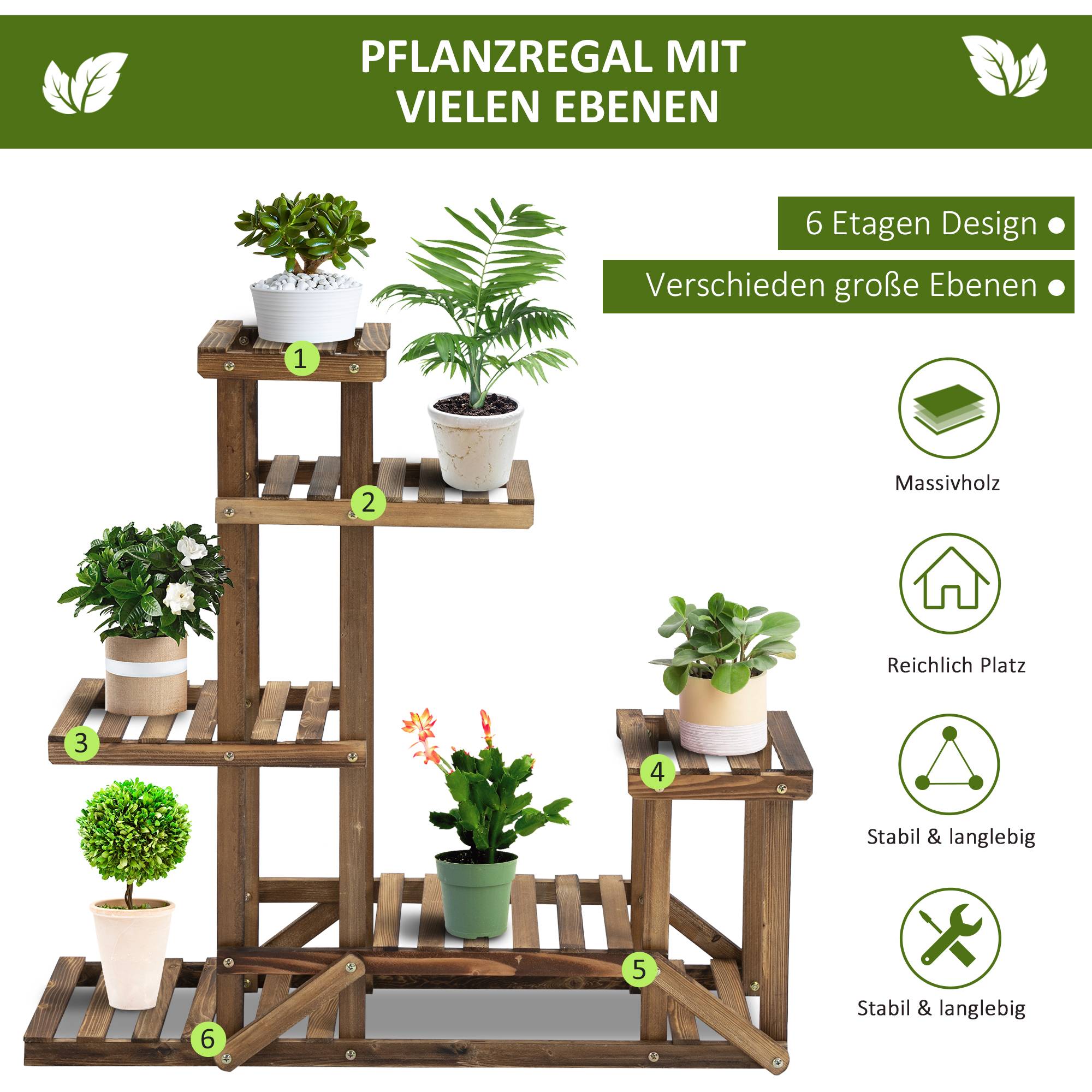 Étagère porte-plantes 6 niveaux en bois carbonisé pour intérieur et extérieur 98x96cm - ComfortXL Outdoor Living - Image 6