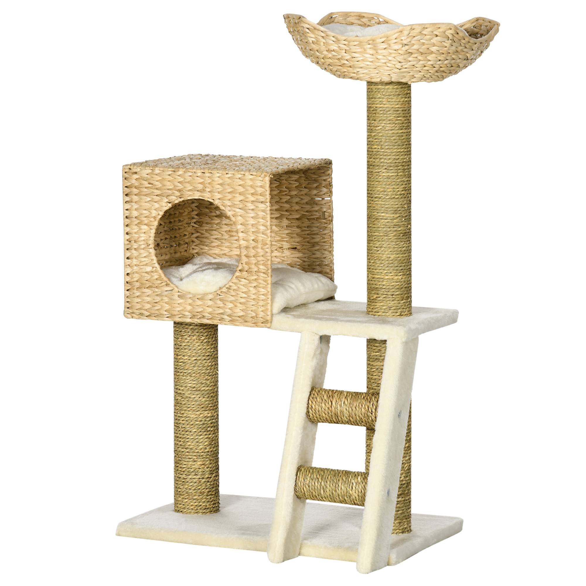 Arbre à chat PawHut arbre à grimper griffoir 100,5 cm coussins échelle centre activités poteaux sisal beige - Image 2
