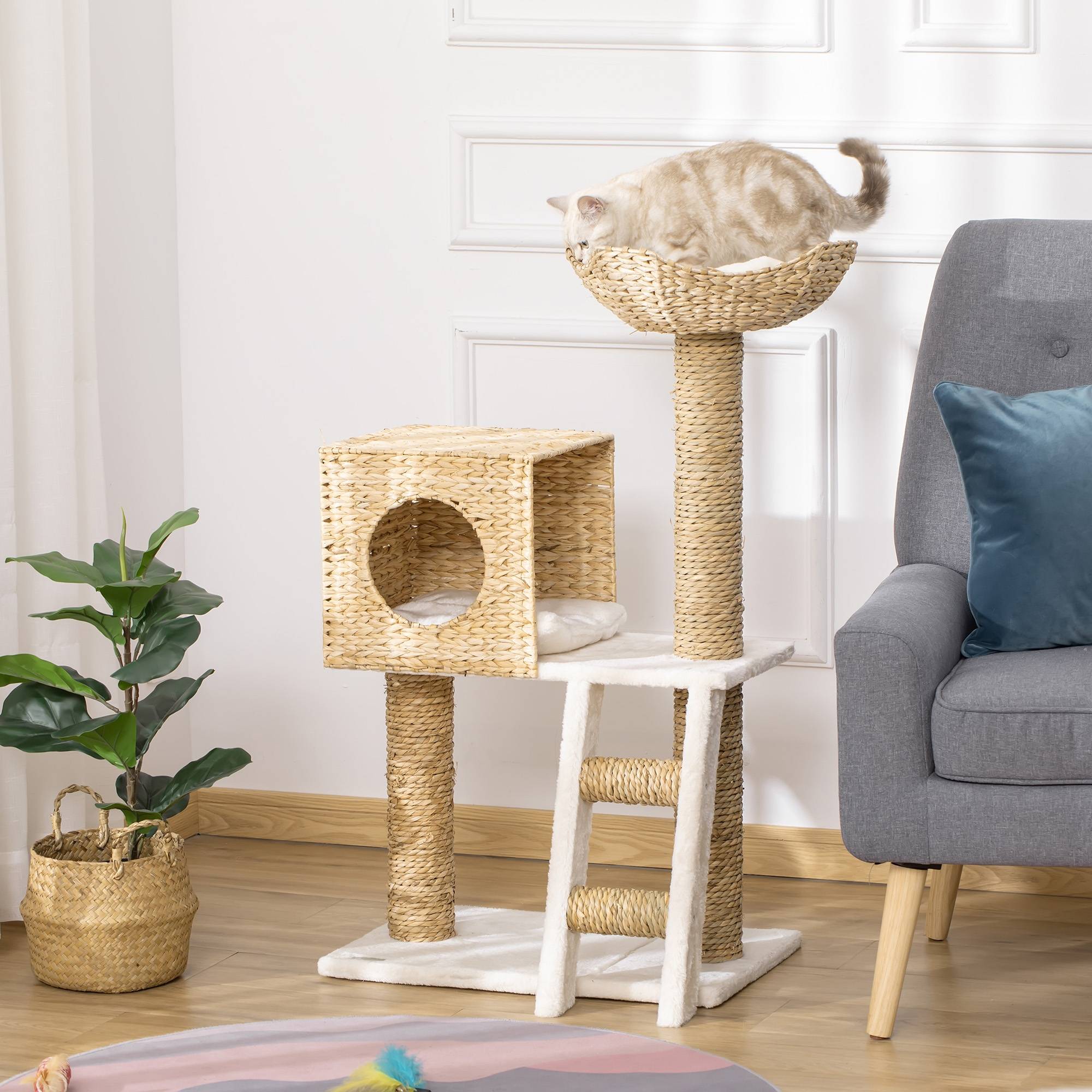 Arbre à chat PawHut arbre à grimper griffoir 100,5 cm coussins échelle centre activités poteaux sisal beige - Image 3