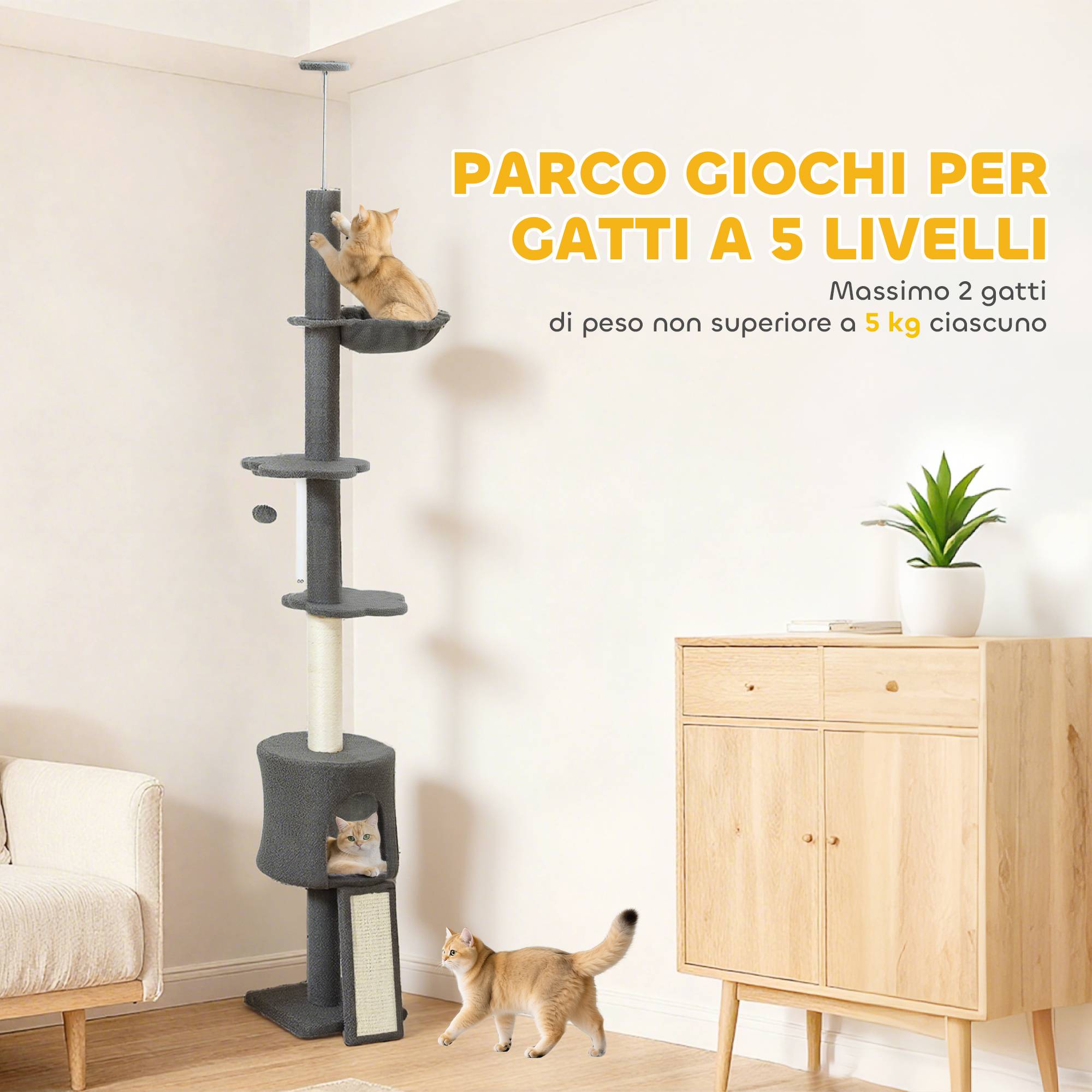 Arbre à chat au plafond 220-240cm, hamac, maisonnette, plateformes fleurs, poteaux sisal, gris - Image 8