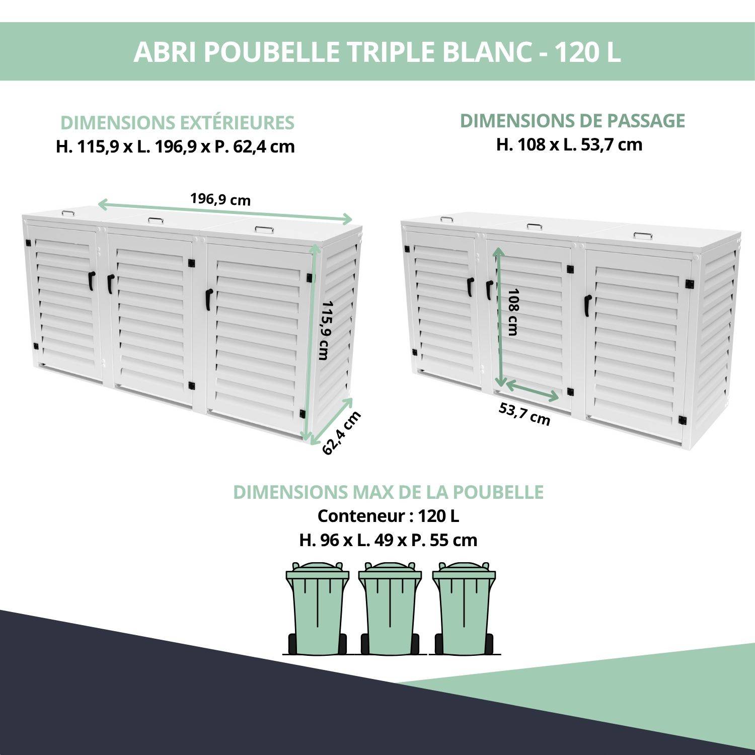 Cache Poubelle Extérieur Triple en Aluminium thermolaqué - Abri pour 3 conteneurs 120 Litres – Blanc RAL 9010 - Image 3