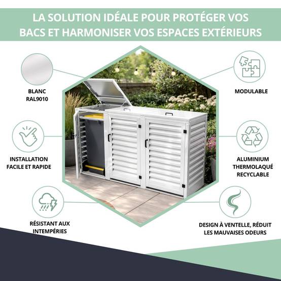 Cache Poubelle Extérieur Triple en Aluminium thermolaqué - Abri pour 3 conteneurs 120 Litres – Blanc RAL 9010 - Image 2