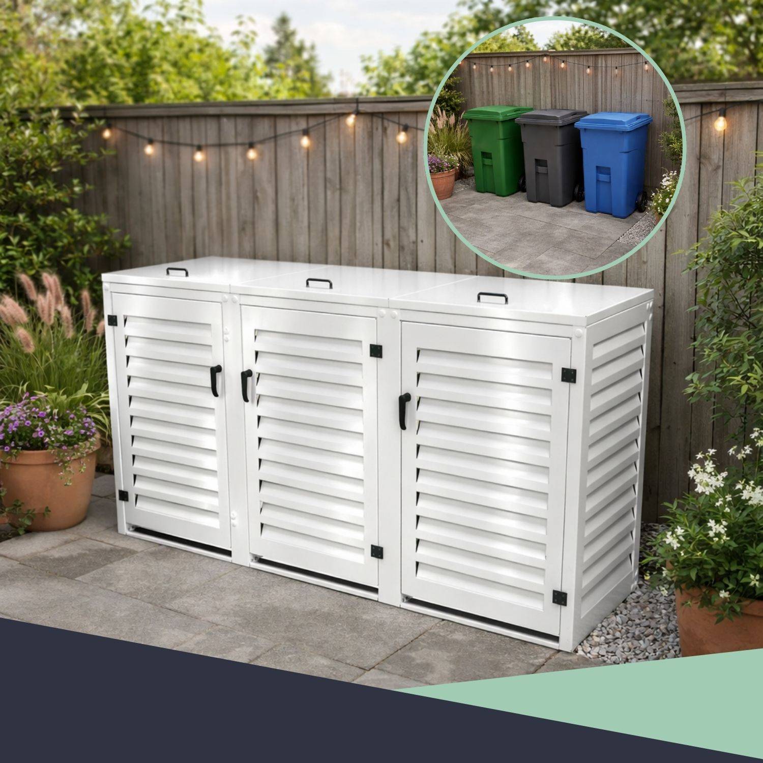 Cache Poubelle Extérieur Triple en Aluminium thermolaqué - Abri pour 3 conteneurs 120 Litres – Blanc RAL 9010 - Image 8