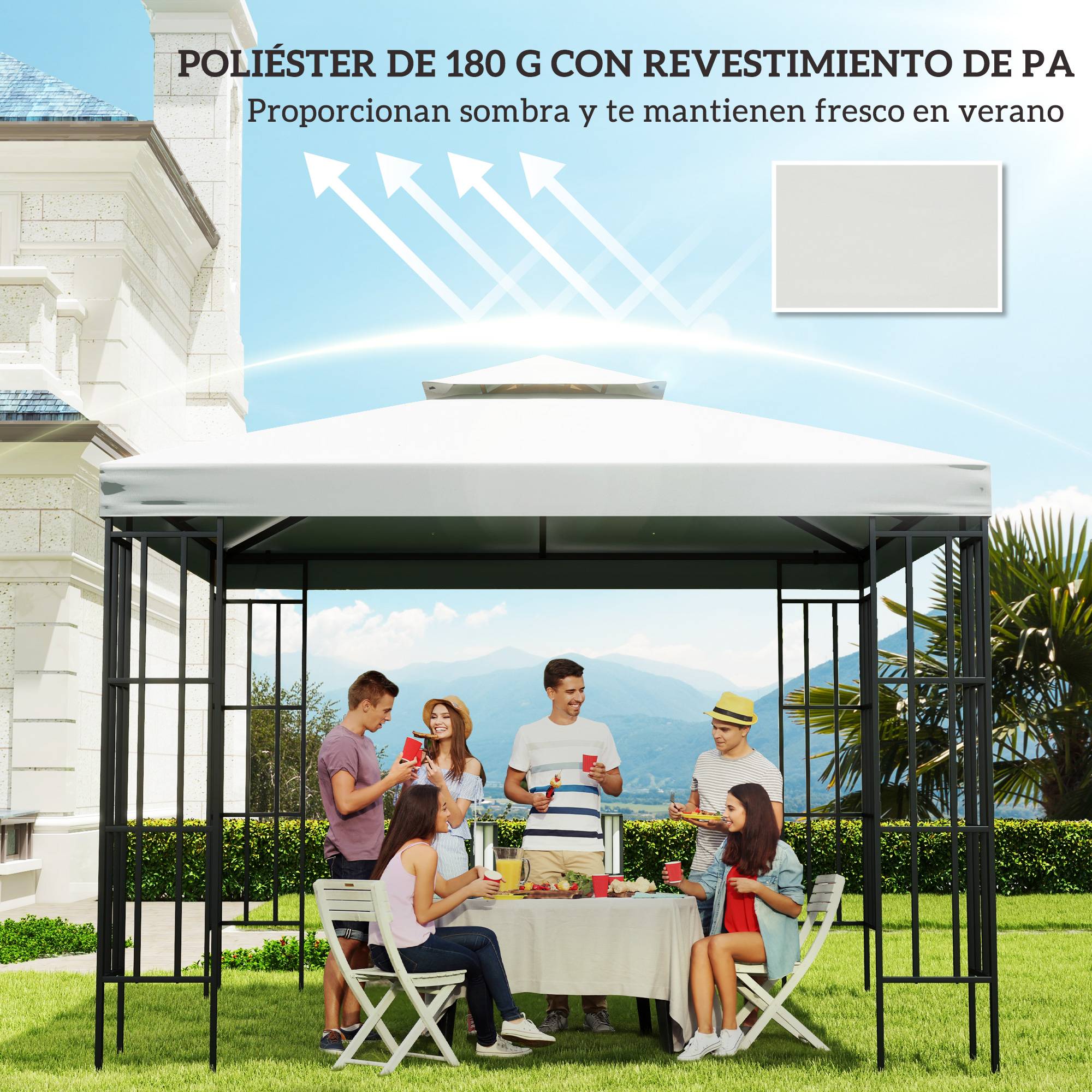 Toit de rechange pour cenador, 3x3 m, housse double toit, 8 trous de drainage et protection UV, seul toit pour gazebo, creme - Image 9