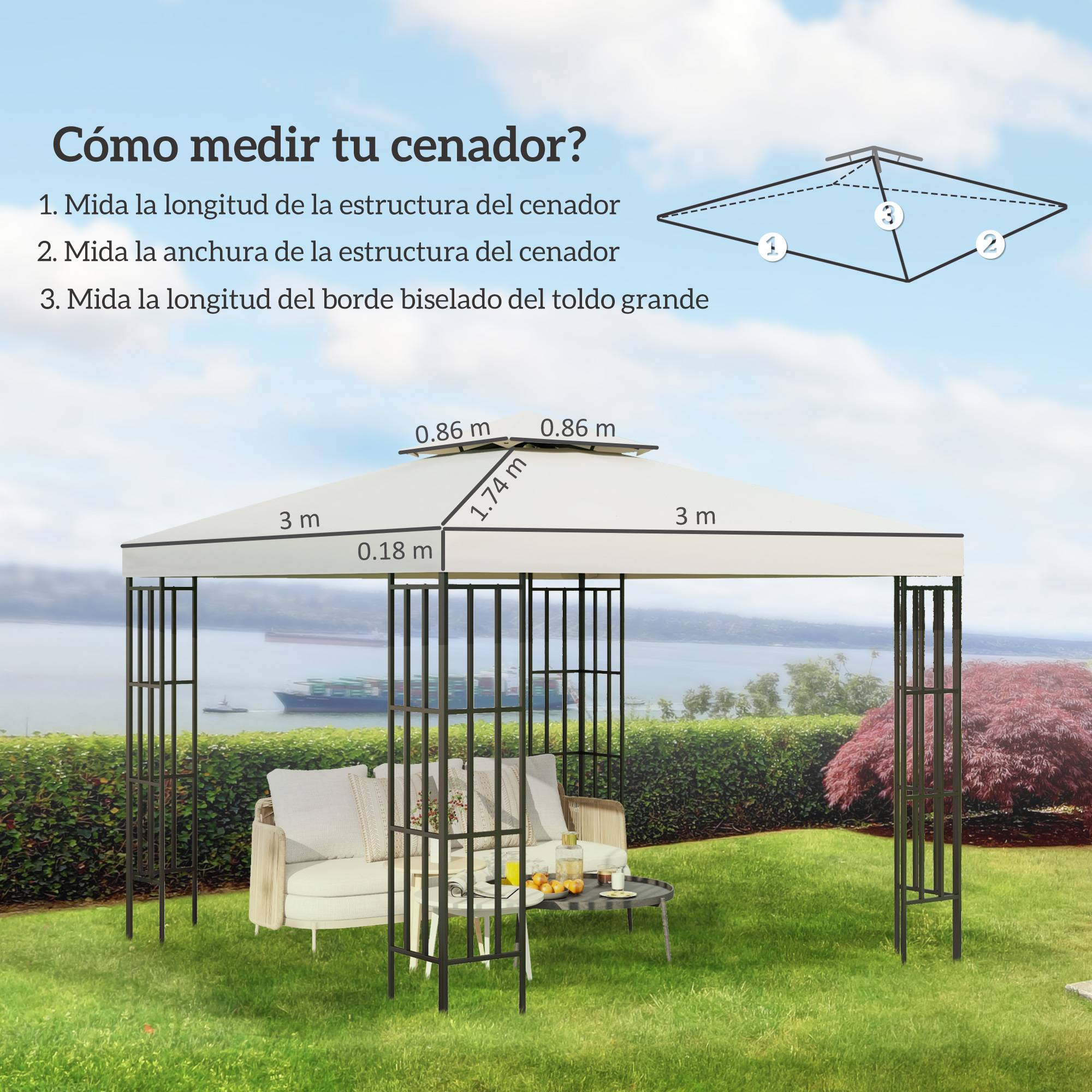 Toit de rechange pour cenador, 3x3 m, housse double toit, 8 trous de drainage et protection UV, seul toit pour gazebo, creme - Image 6