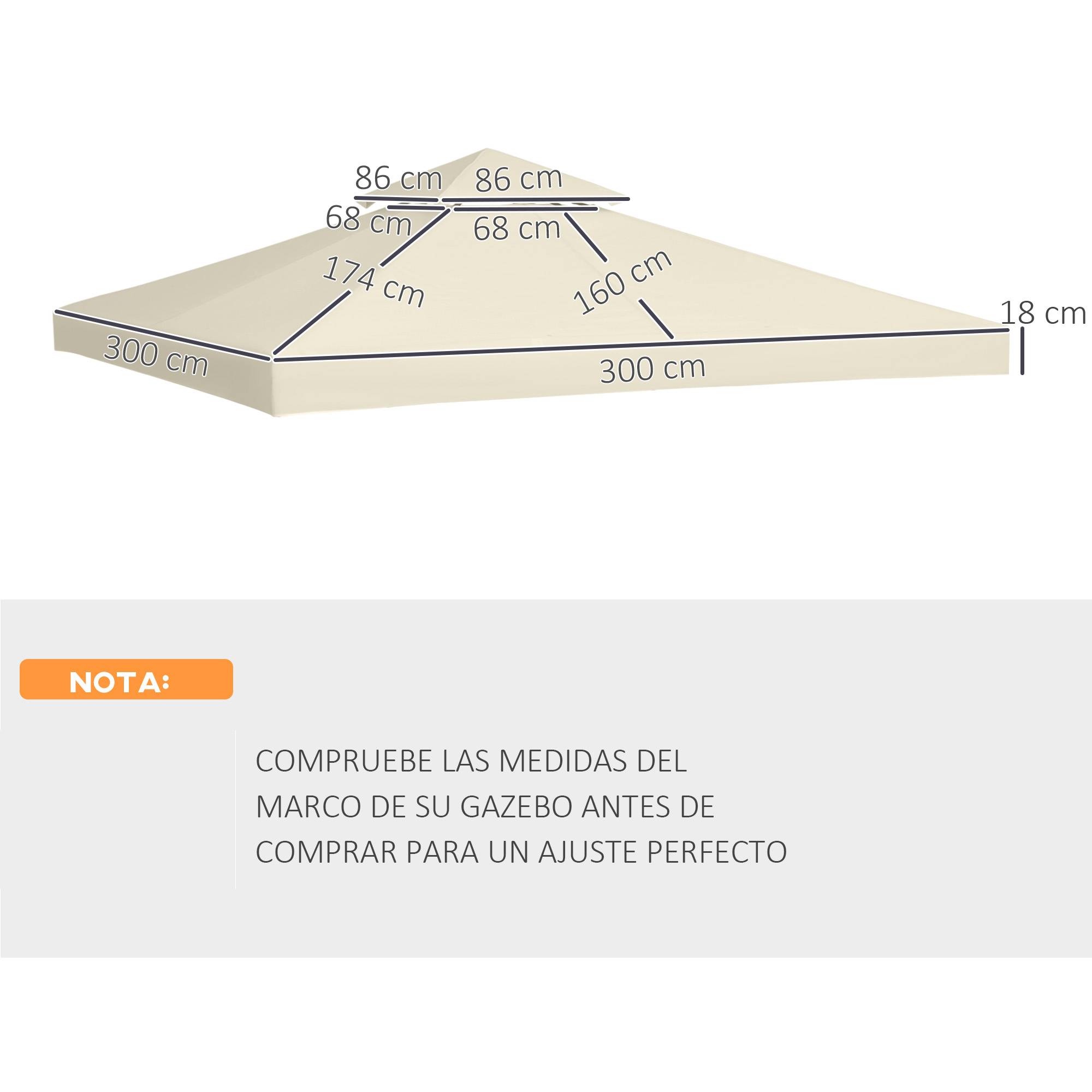 Toit de rechange pour cenador, 3x3 m, housse double toit, 8 trous de drainage et protection UV, seul toit pour gazebo, creme - Image 5