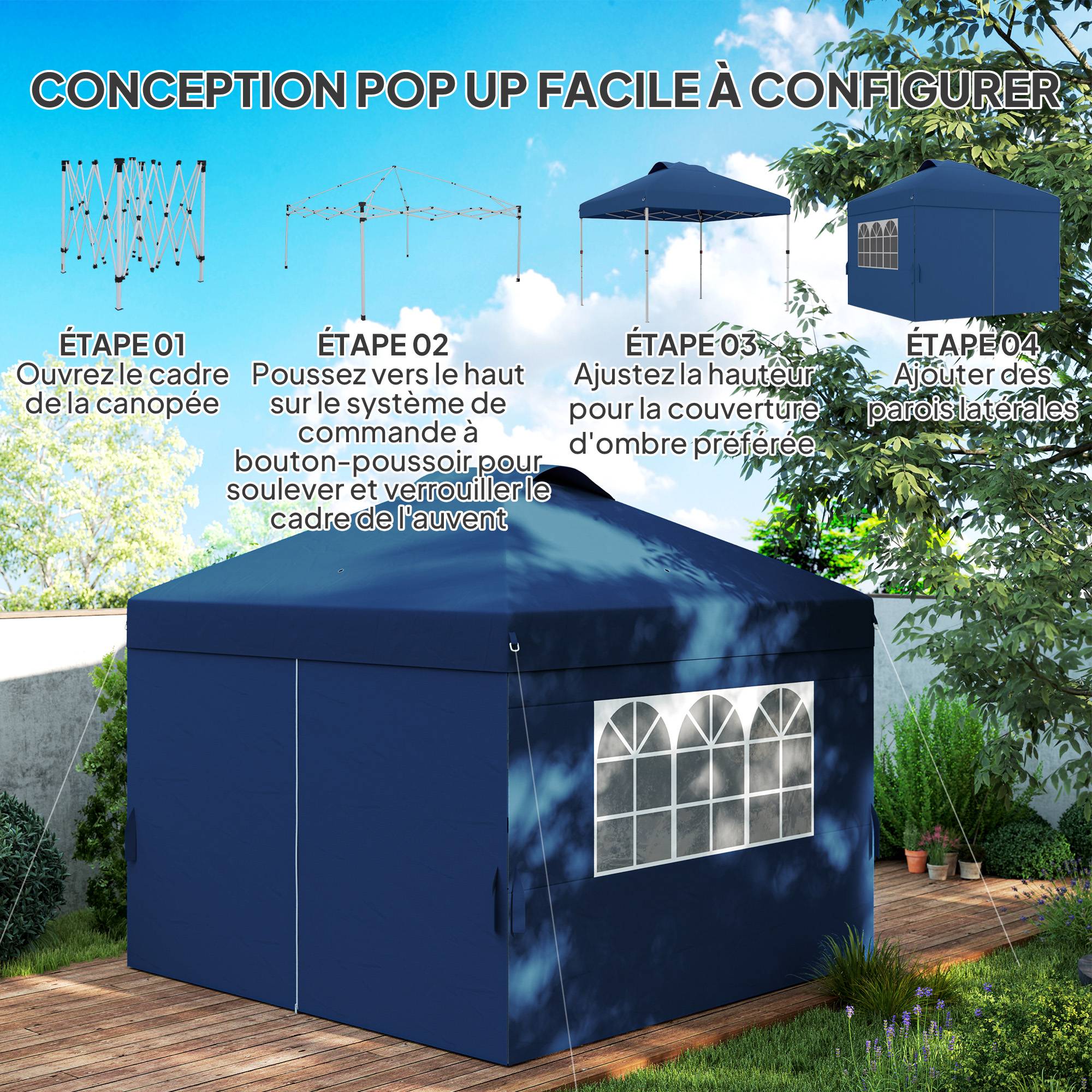 ComfortXL - Tonnelle pliante pop-up tissu Oxford pour jardin camping protection UV30+ 3x3m bleu - ComfortXL Outdoor Living - Image 6