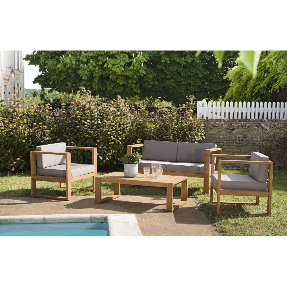 Macabane - KIM - Salon de jardin bois teck canapé 2p. 2 fauteuils et table basse - Imagen 2