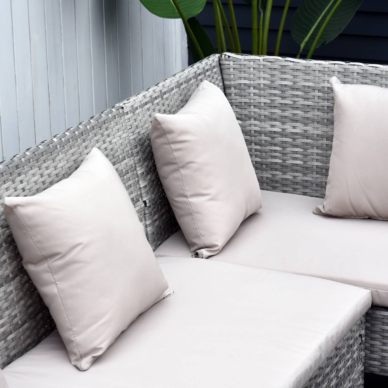 Outsunny - Salon de jardin 6 pers. grand confort canapé d'angle + 2 poufs + table à manger 9 coussins assise & dossier fournis résine tressée grise - Outsunny - Imagen 5