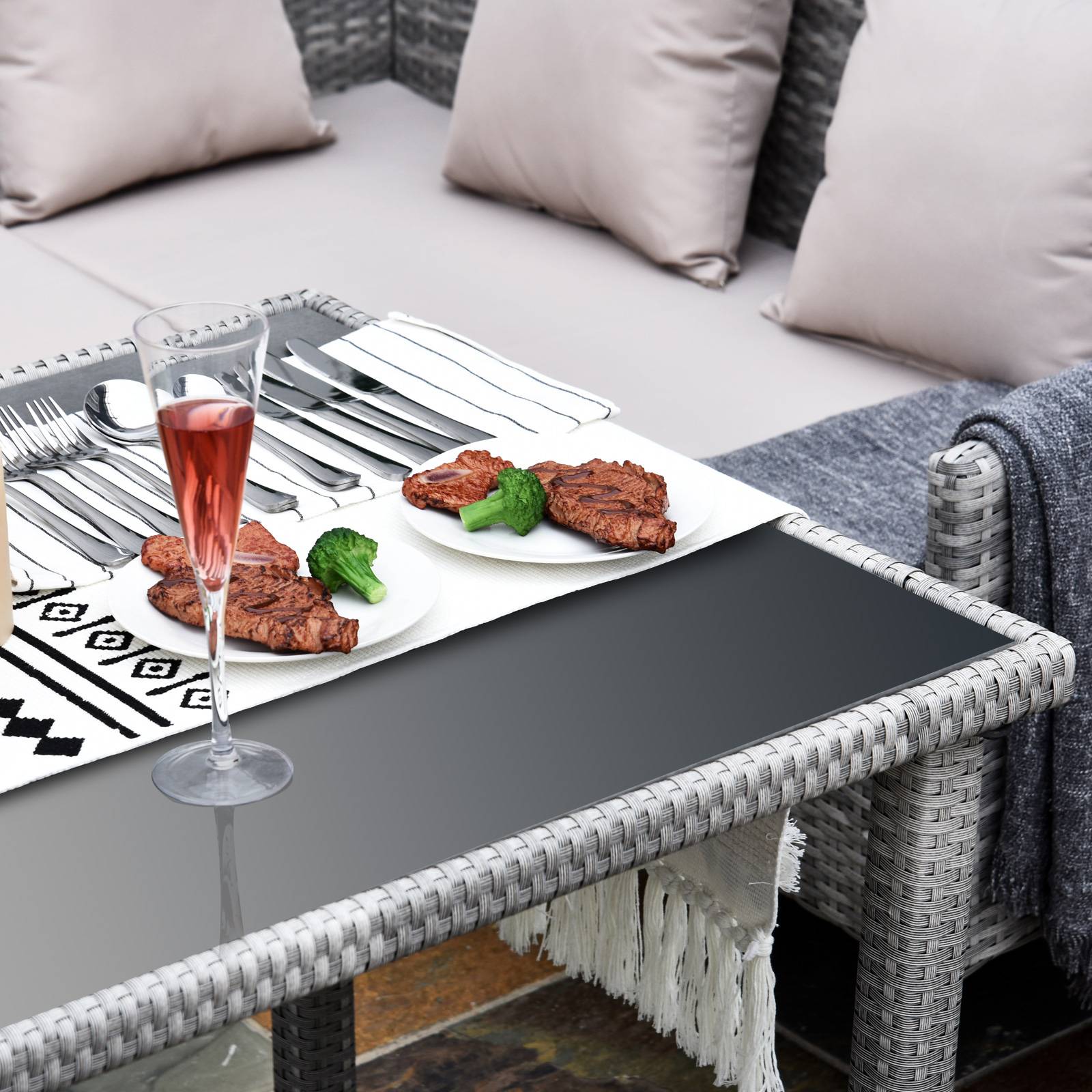 Outsunny - Salon de jardin 6 pers. grand confort canapé d'angle + 2 poufs + table à manger 9 coussins assise & dossier fournis résine tressée grise - Outsunny - Imagen 6