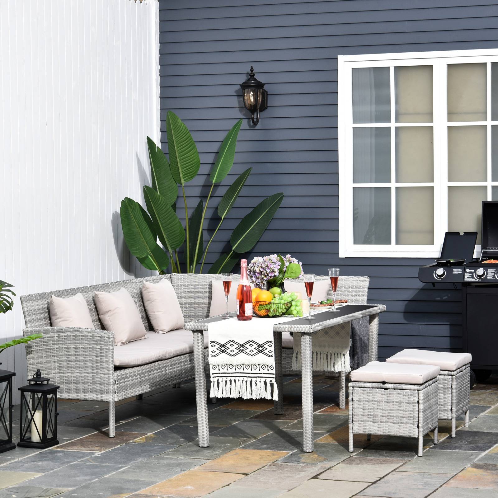Outsunny - Salon de jardin 6 pers. grand confort canapé d'angle + 2 poufs + table à manger 9 coussins assise & dossier fournis résine tressée grise - Outsunny - Imagen 4