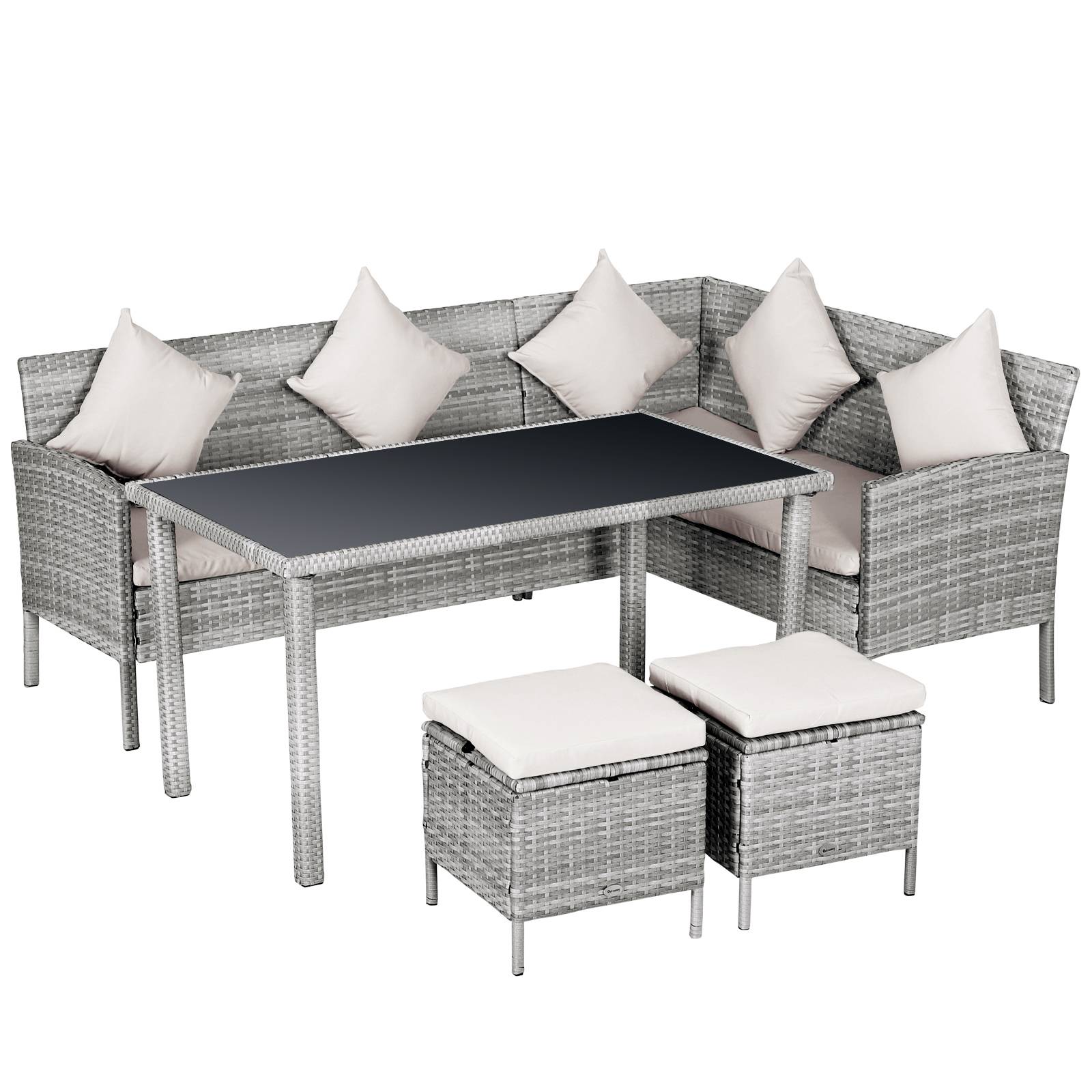 Outsunny - Salon de jardin 6 pers. grand confort canapé d'angle + 2 poufs + table à manger 9 coussins assise & dossier fournis résine tressée grise - Outsunny - Imagen 1