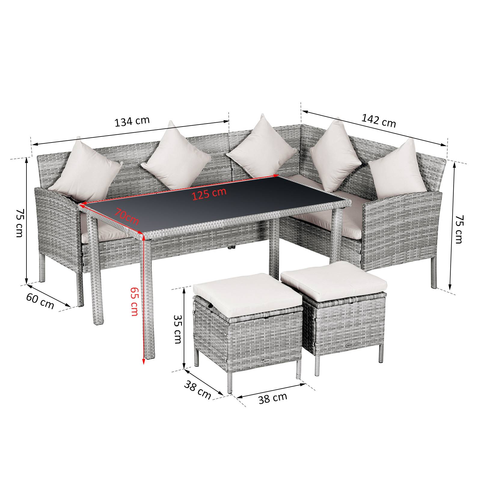 Outsunny - Salon de jardin 6 pers. grand confort canapé d'angle + 2 poufs + table à manger 9 coussins assise & dossier fournis résine tressée grise - Outsunny - Imagen 3