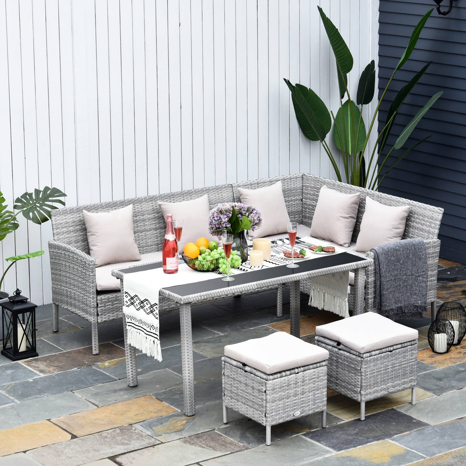 Outsunny - Salon de jardin 6 pers. grand confort canapé d'angle + 2 poufs + table à manger 9 coussins assise & dossier fournis résine tressée grise - Outsunny - Imagen 2