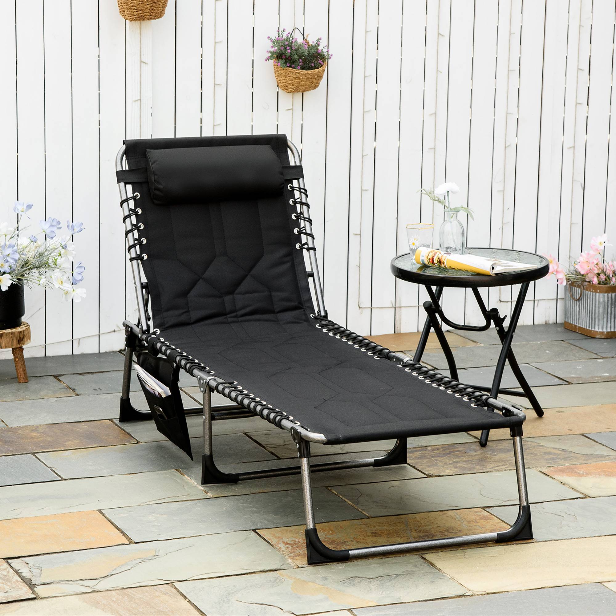 Sans Marque - Chaise longue jardin pliable, appui‑tête poche latérale, dossier 5 positions, résistante aux intempéries, charge 130 kg, jardin plage piscine, noir - Image 2