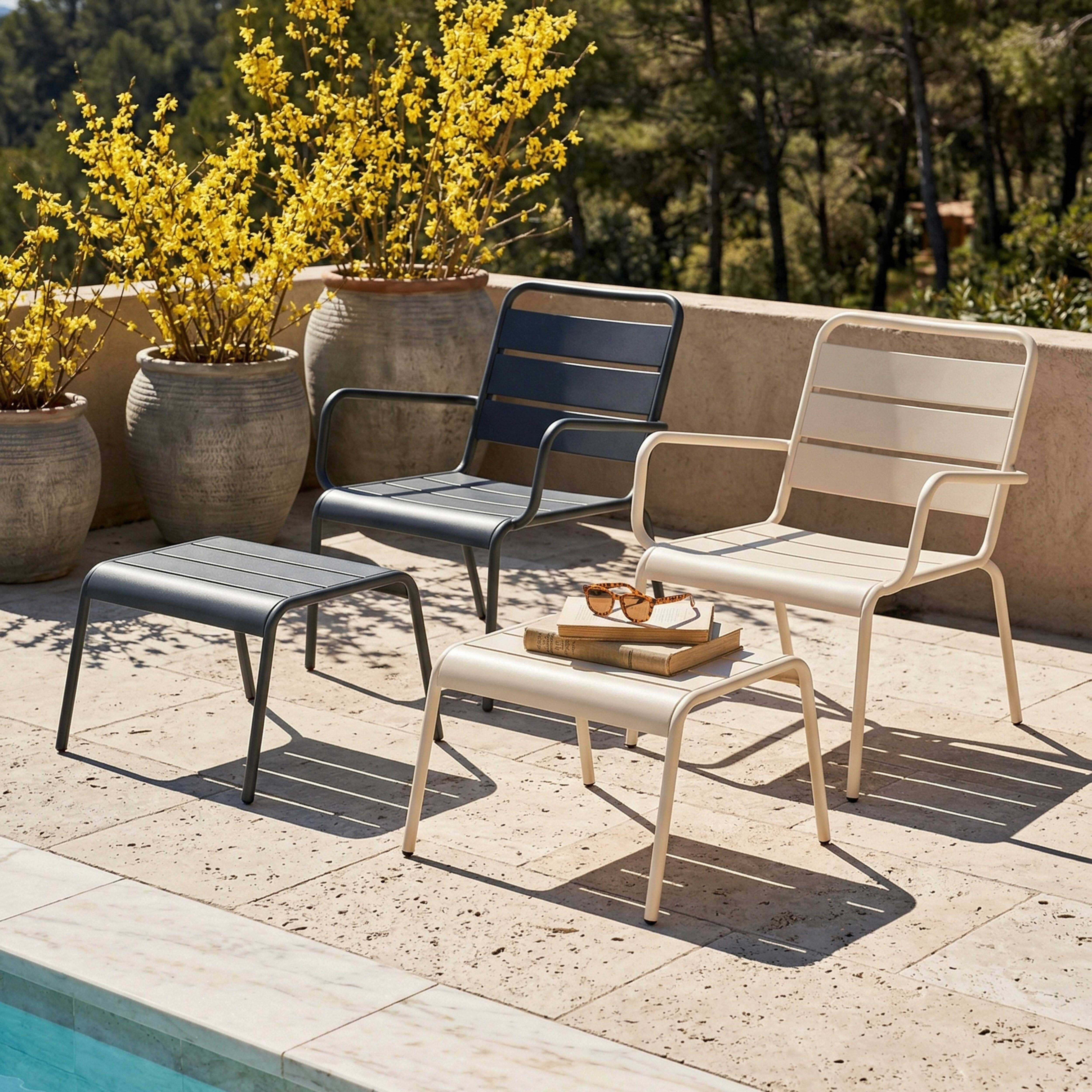 Oviala - Lot 2 fauteuils relax avec repose-pieds métal gris et ivoire Palavas - Oviala - Imagen 2
