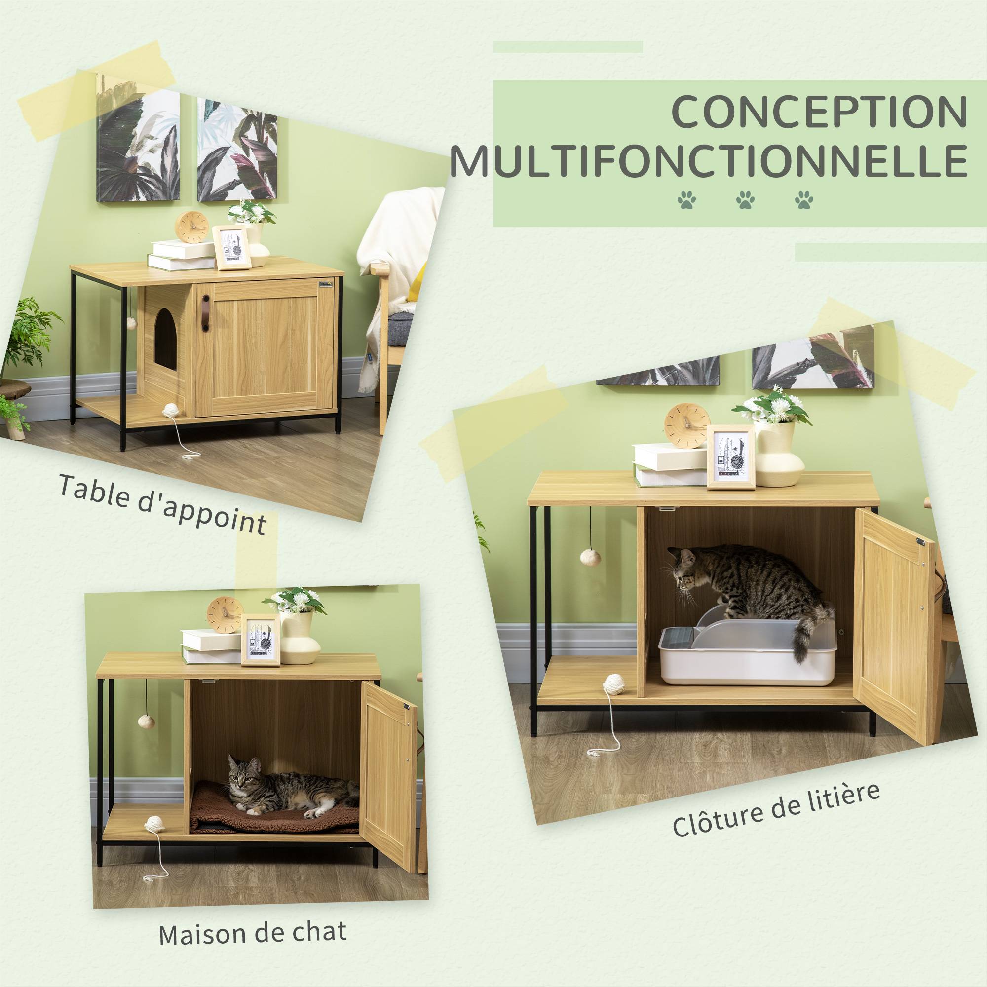 Maison de toilette pour chat bois et acier noir et bois clair 80 x 48 x 55 cm - PANGIVO - Image 6