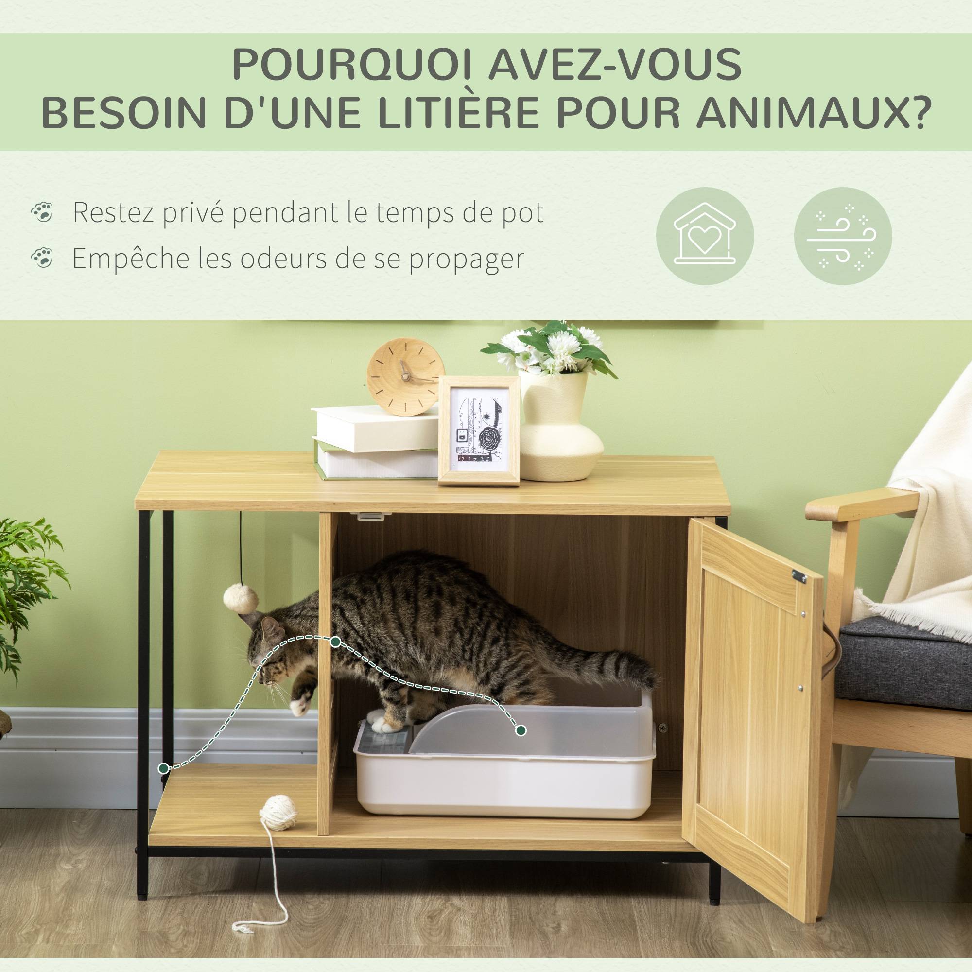 Maison de toilette pour chat bois et acier noir et bois clair 80 x 48 x 55 cm - PANGIVO - Image 9