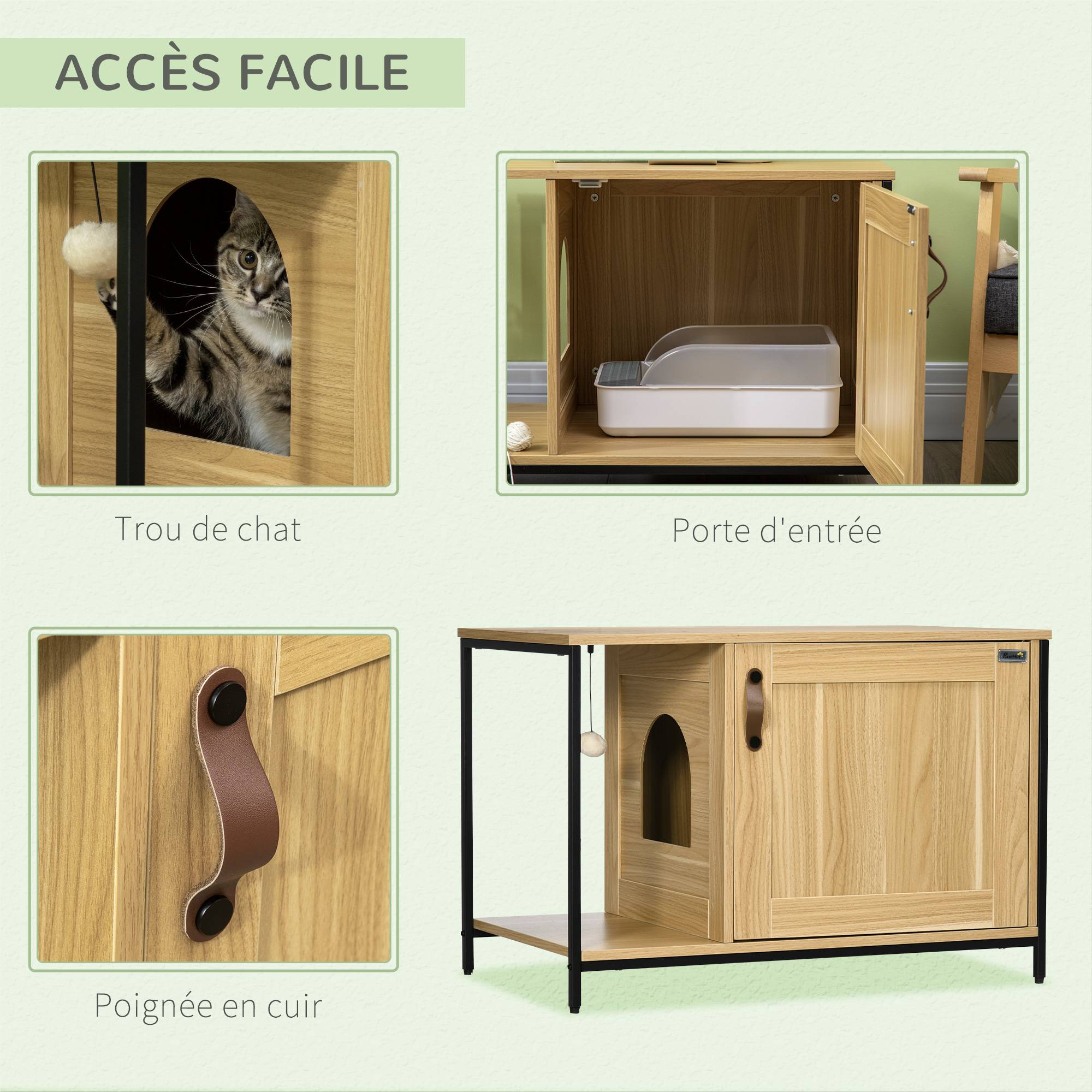 Maison de toilette pour chat bois et acier noir et bois clair 80 x 48 x 55 cm - PANGIVO - Image 7