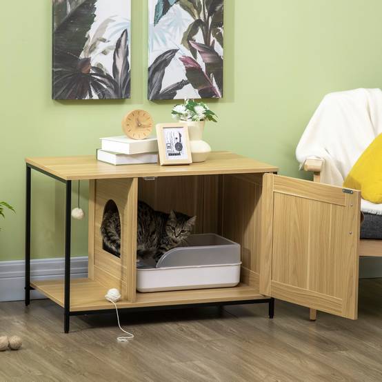 Maison de toilette pour chat bois et acier noir et bois clair 80 x 48 x 55 cm - PANGIVO - Image 4