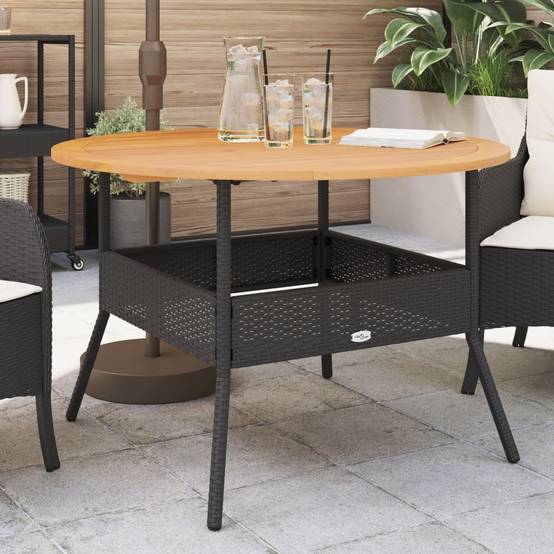 Table de Jardin Ronde 110cm Noire pour 4 à 5 Personnes, Résine Tressée et Plateau Bois d'Acacia – ComfortXL Outdoor Living - Image 1