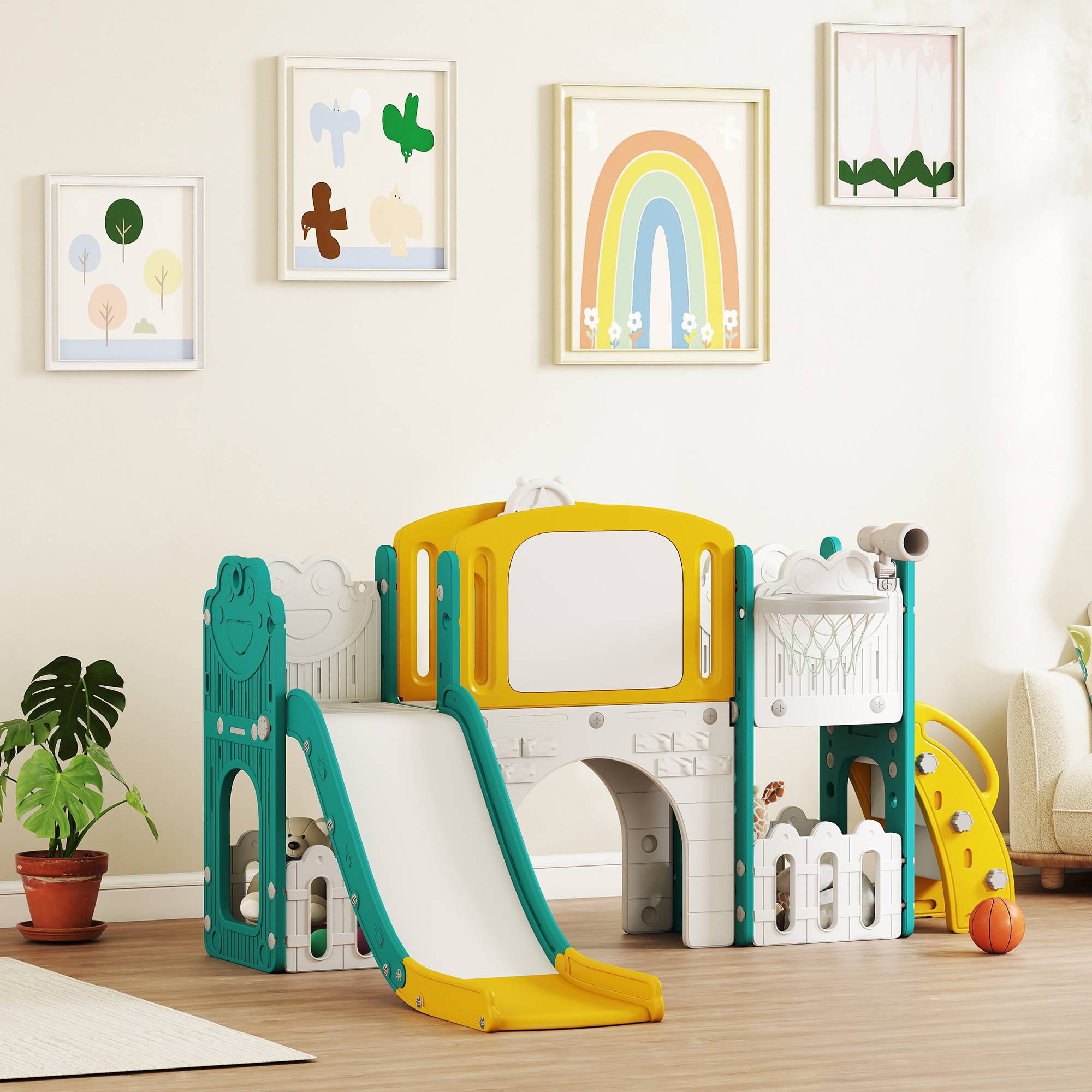 Toboggan pour enfant 7 en 1 avec panier de basket, télescope, rangement, tunnel, escalade, tableau de dessin, jaune - Image 4