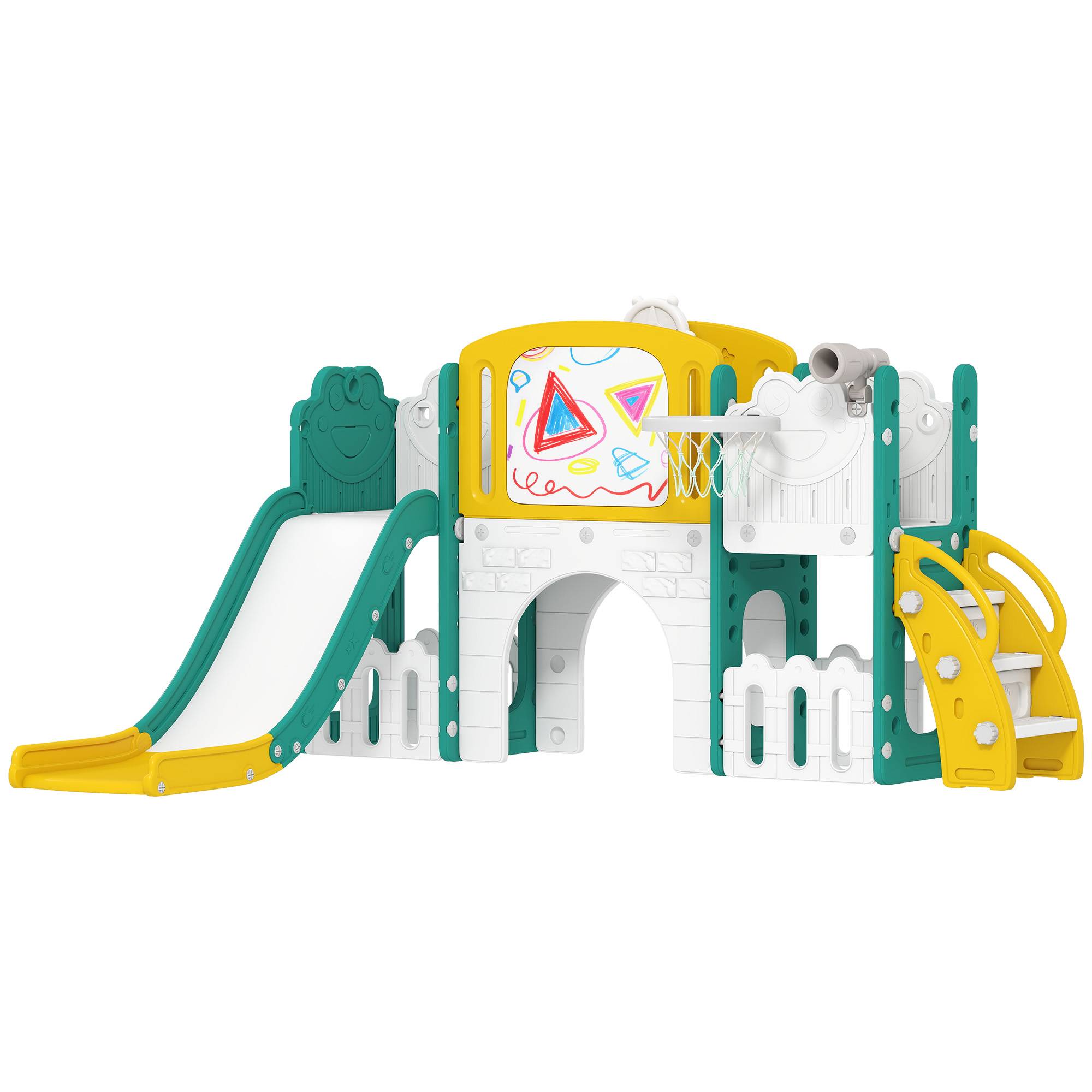 Toboggan pour enfant 7 en 1 avec panier de basket, télescope, rangement, tunnel, escalade, tableau de dessin, jaune - Image 1