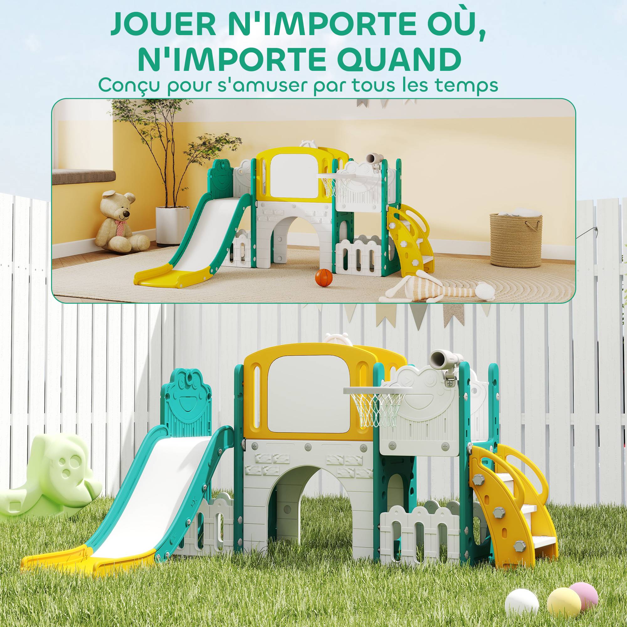 Toboggan pour enfant 7 en 1 avec panier de basket, télescope, rangement, tunnel, escalade, tableau de dessin, jaune - Image 10