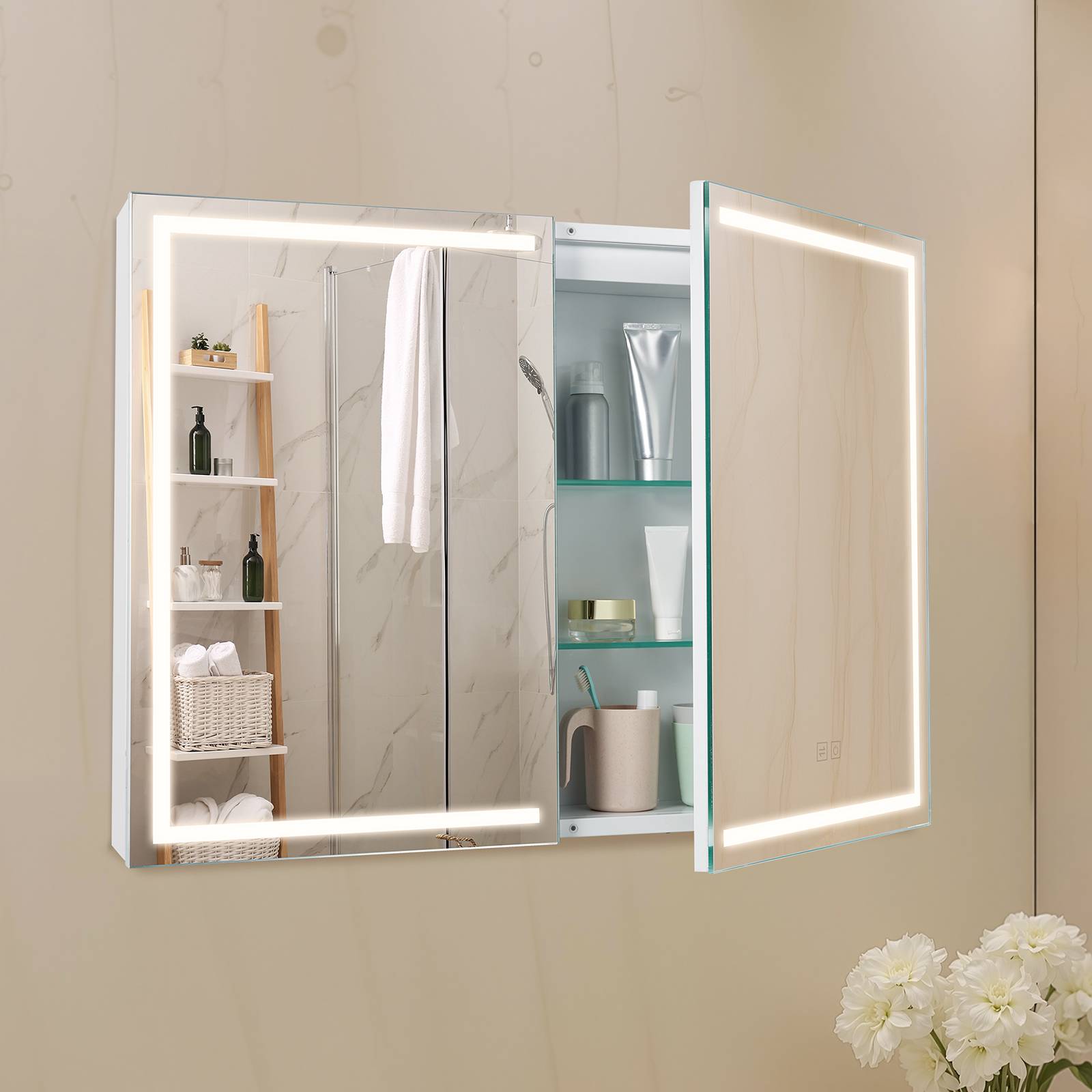 VEVOR Armoire Murale Salle de Bain 100x60 cm, Armoire de Toilette avec Miroir en Verre Trempé et LED 3 Couleurs à Intensité Variable, avec Fonction Mémoire, 2 Étagères Réglables, Prises et Ports USB