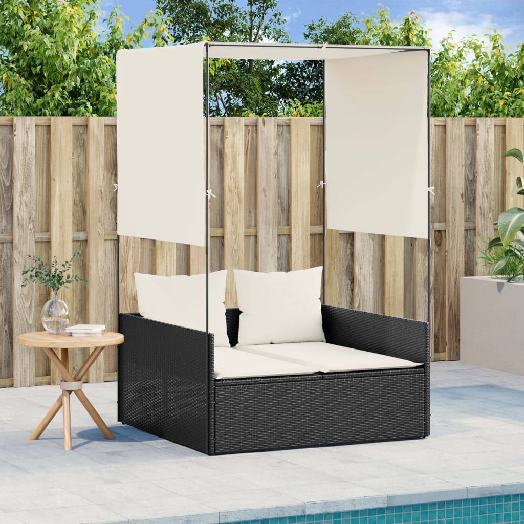 Vidaxl - Chaise longue double avec toit et rideaux noir résine tressée vidaXL 4002755 - Image 1
