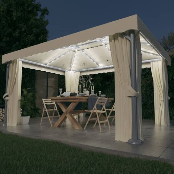 Tonnelle de Jardin Aluminium avec Rideaux Moustiquaires et Éclairage Solaire Crème 4x3 m – ComfortXL Outdoor Living - Image 1