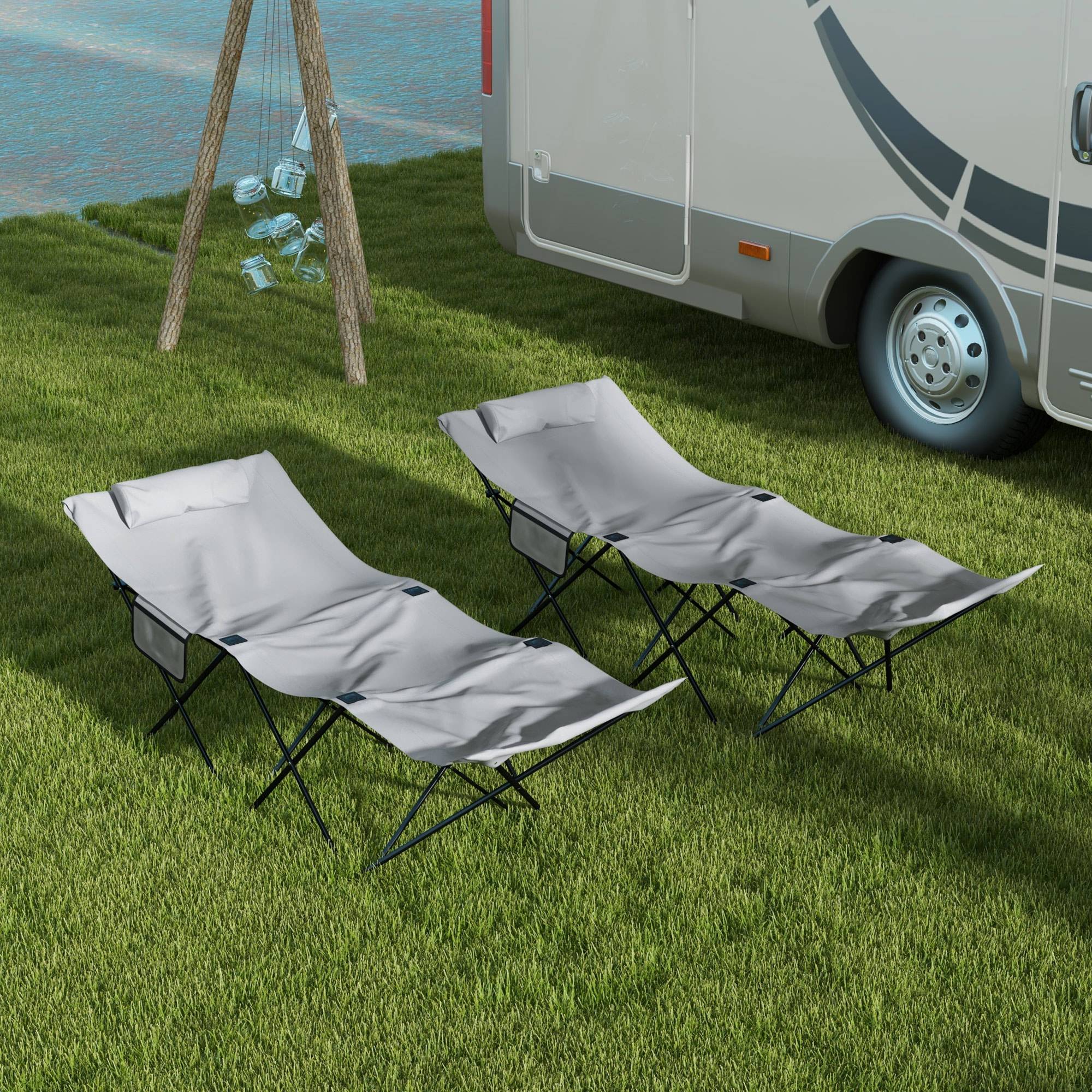 Outsunny - Lot de 2 bains de soleil transats pliables - poches latérales rangement, tétière - acier oxford gris - Outsunny - Imagen 2