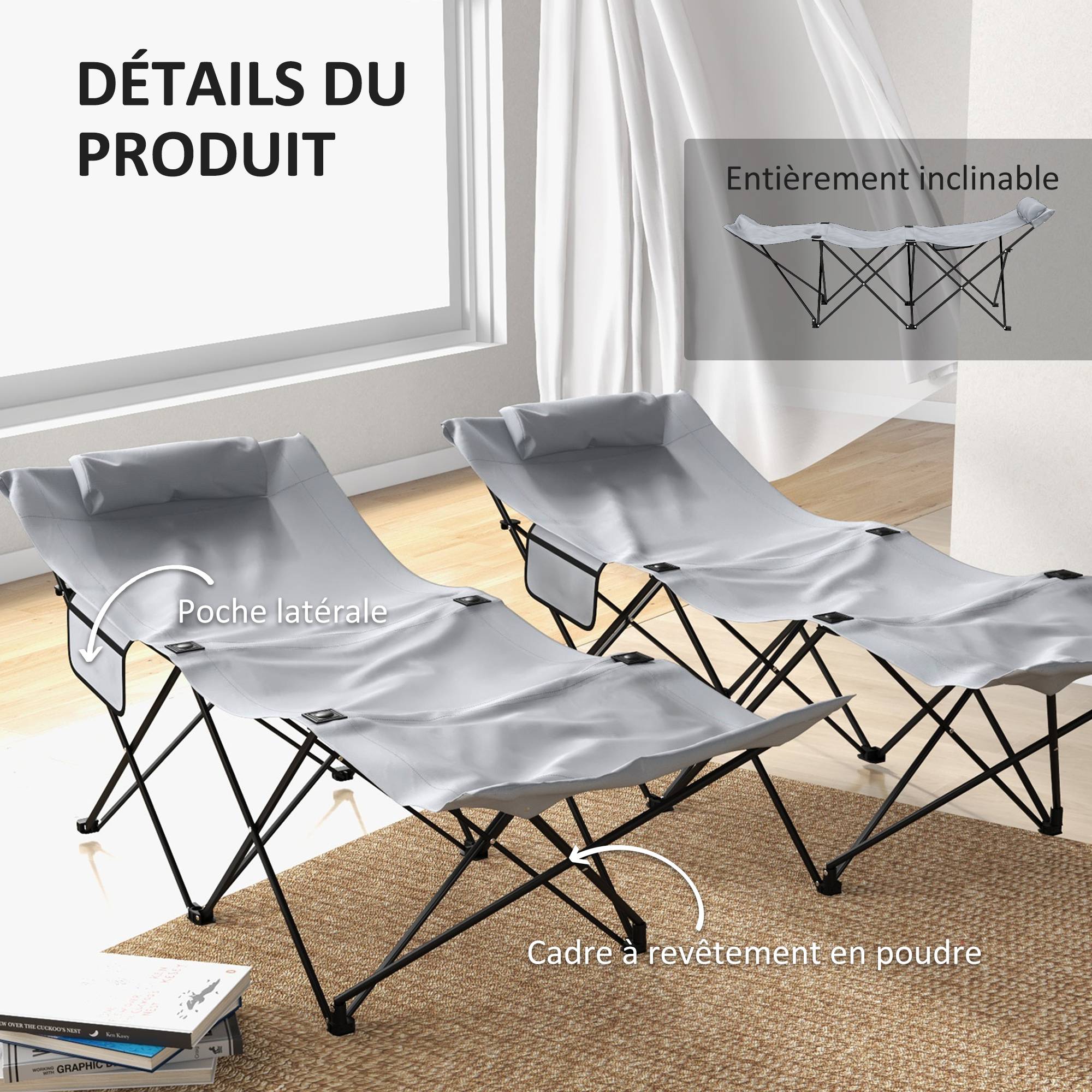 Outsunny - Lot de 2 bains de soleil transats pliables - poches latérales rangement, tétière - acier oxford gris - Outsunny - Imagen 6