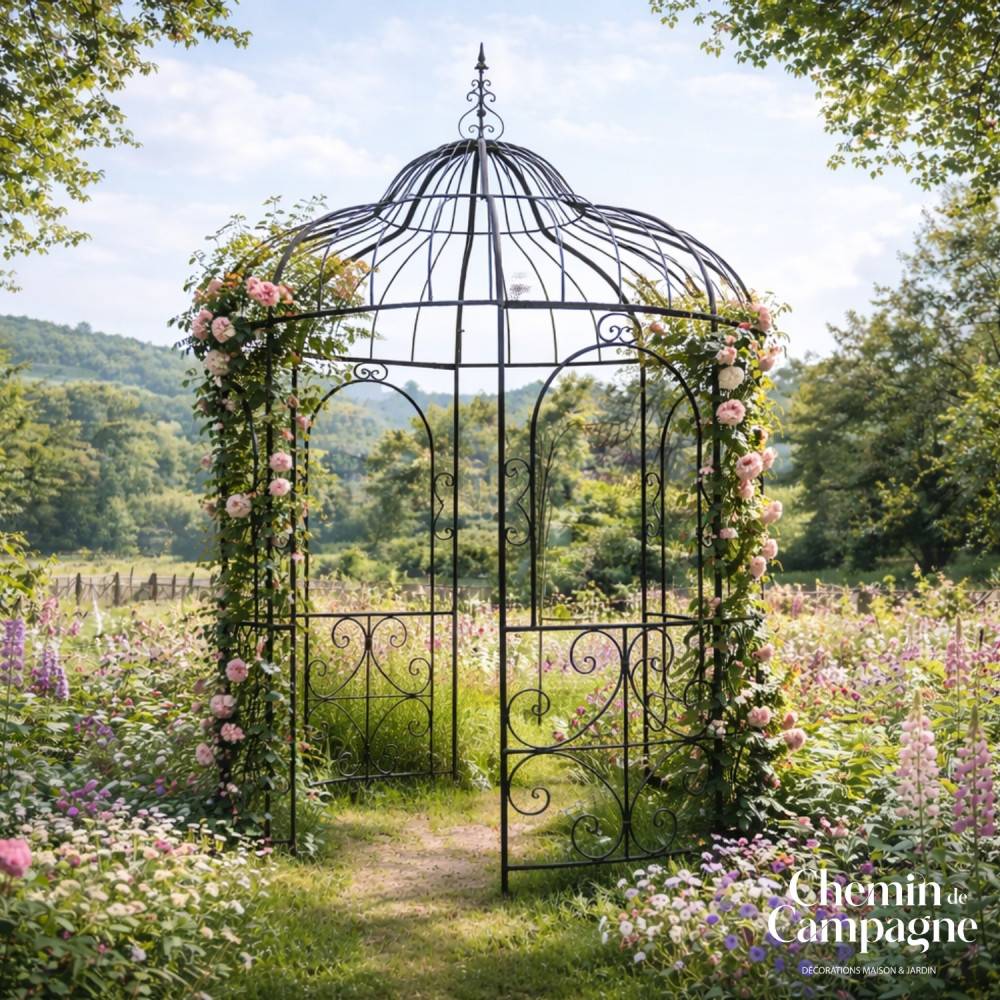 Gloriette gazebo tonnelle kiosque abri jardin fer marron 216x330 cm Chemin de campagne - Image 3