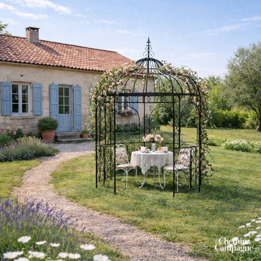 Gloriette gazebo tonnelle kiosque abri jardin fer marron 216x330 cm Chemin de campagne - Image 2