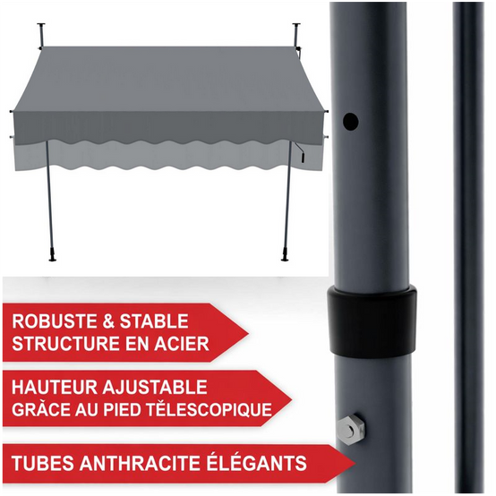 Auvent pour balcon et terasse Gris 200x120cm rétractable avec manivelle réglable en hauteur - Image 5
