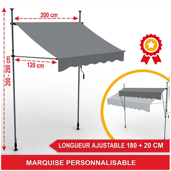 Auvent pour balcon et terasse Gris 200x120cm rétractable avec manivelle réglable en hauteur - Image 2