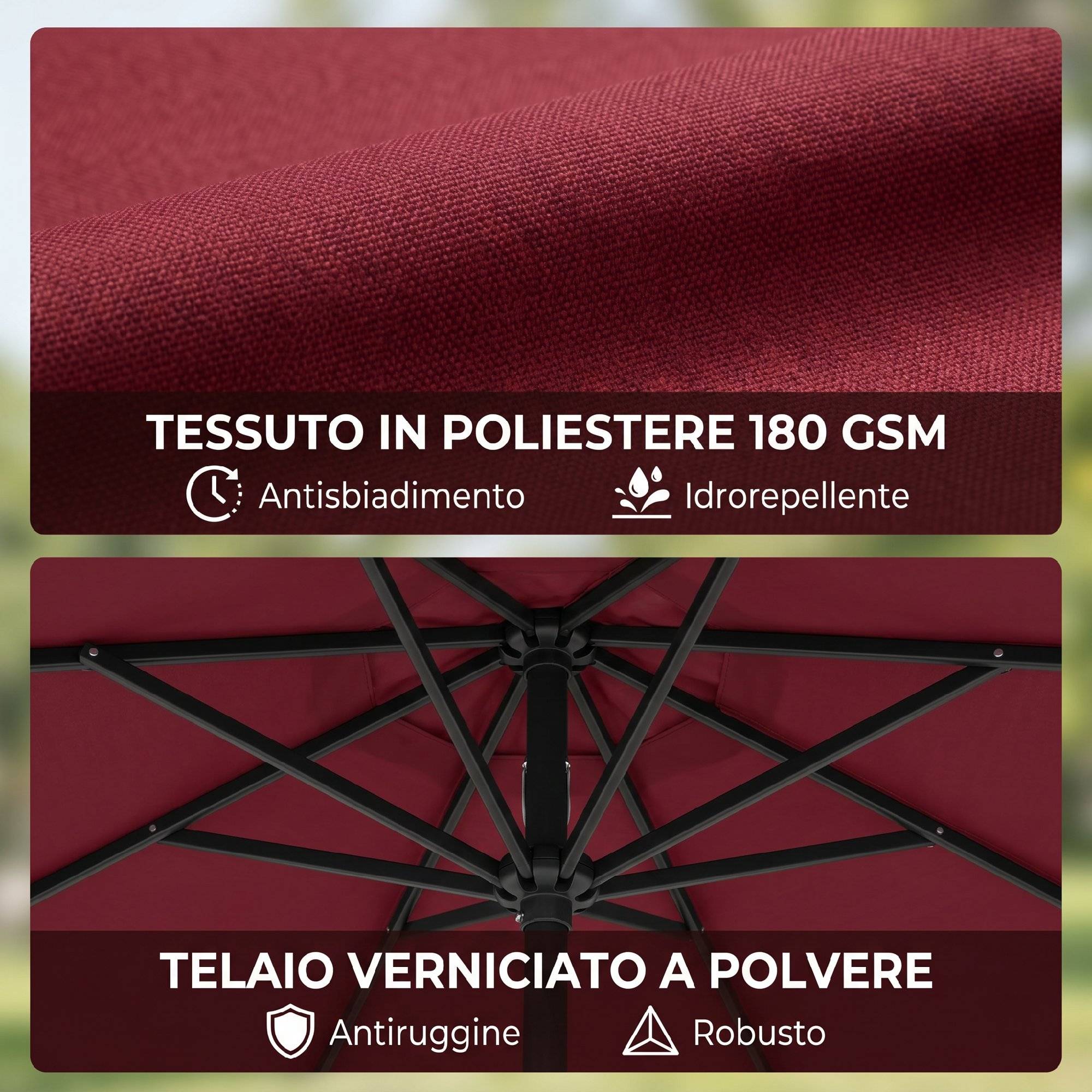 Parasol de jardin 3x2,5 m déporté inclinable avec manivelle, rouge foncé - Image 9