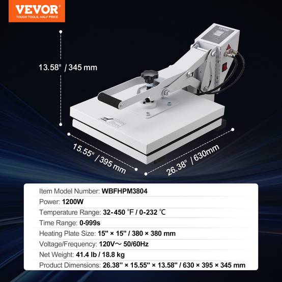 VEVOR Presse à chaud 38x38 cm 1200W, machine sublimation textile, T-shirts/sacs, blanc. - Image 7