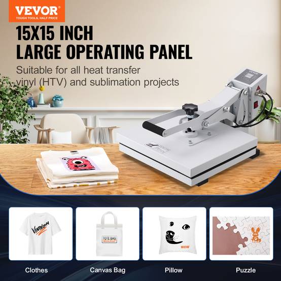 VEVOR Presse à chaud 38x38 cm 1200W, machine sublimation textile, T-shirts/sacs, blanc. - Image 2