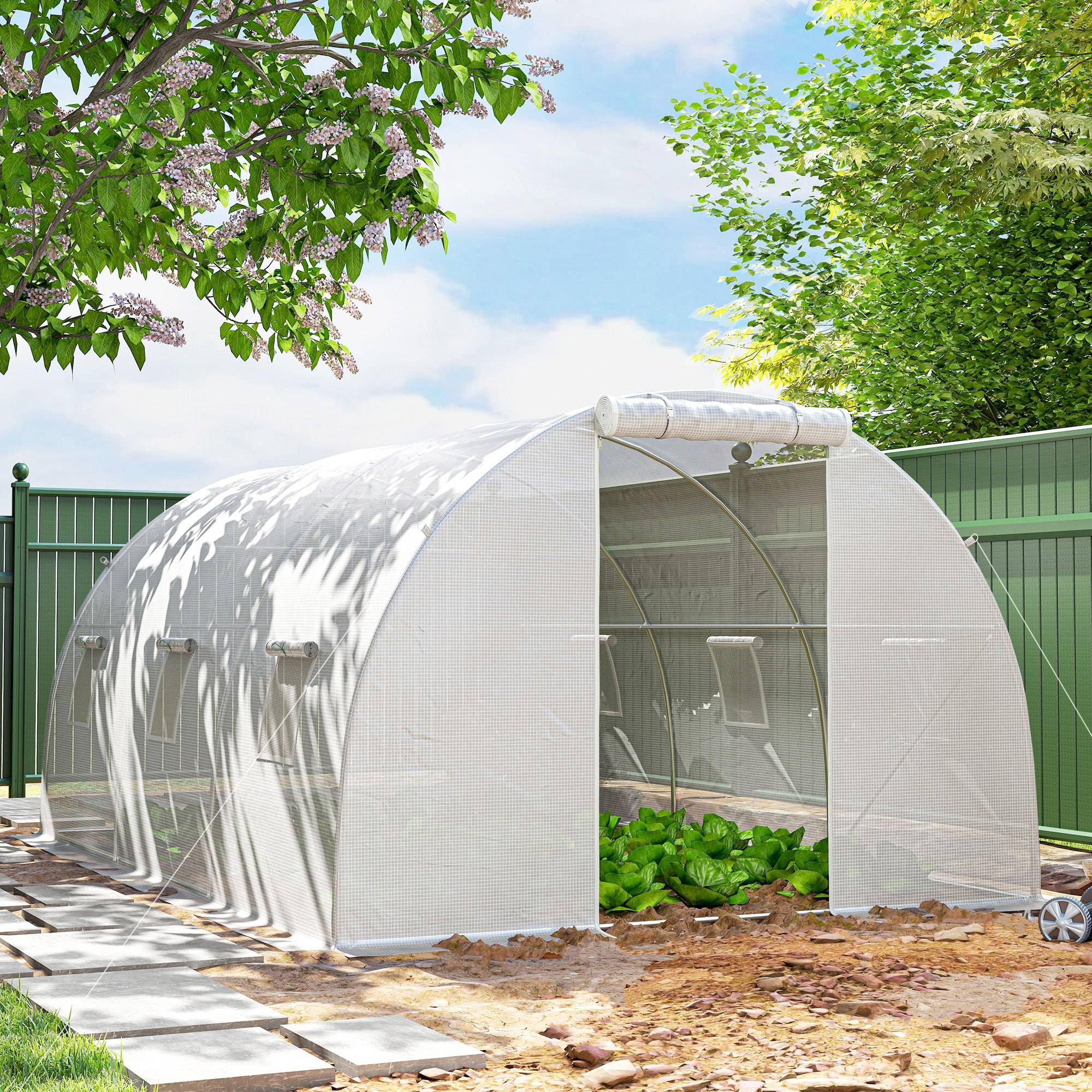 Sans Marque - Serre de jardin tunnel 13,5 m² 6 fenêtres, porte zippée enroulable châssis acier galvanisé, bâche PE 4,5 x 3 x 2 m blanc - Image 4