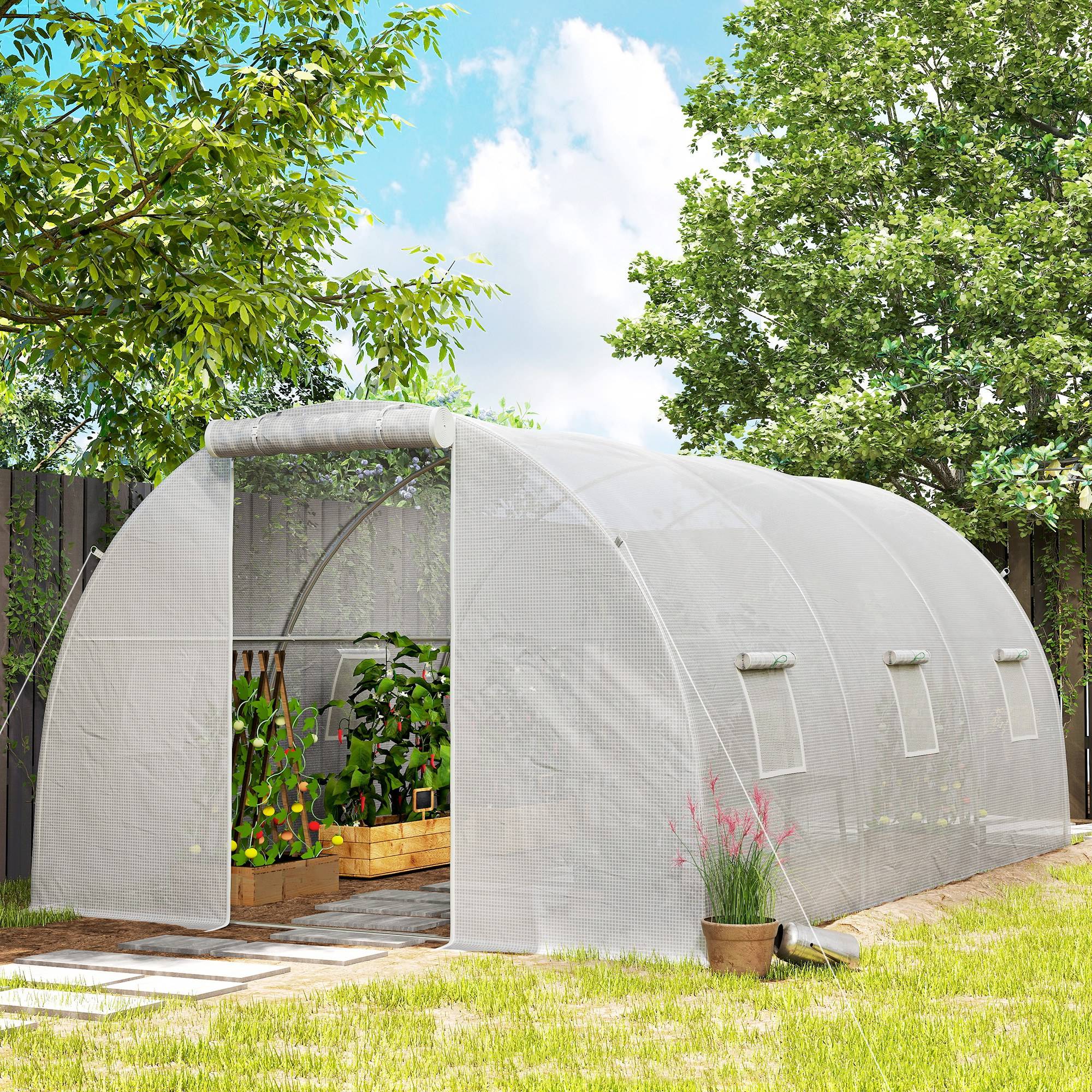 Sans Marque - Serre de jardin tunnel 13,5 m² 6 fenêtres, porte zippée enroulable châssis acier galvanisé, bâche PE 4,5 x 3 x 2 m blanc - Image 3