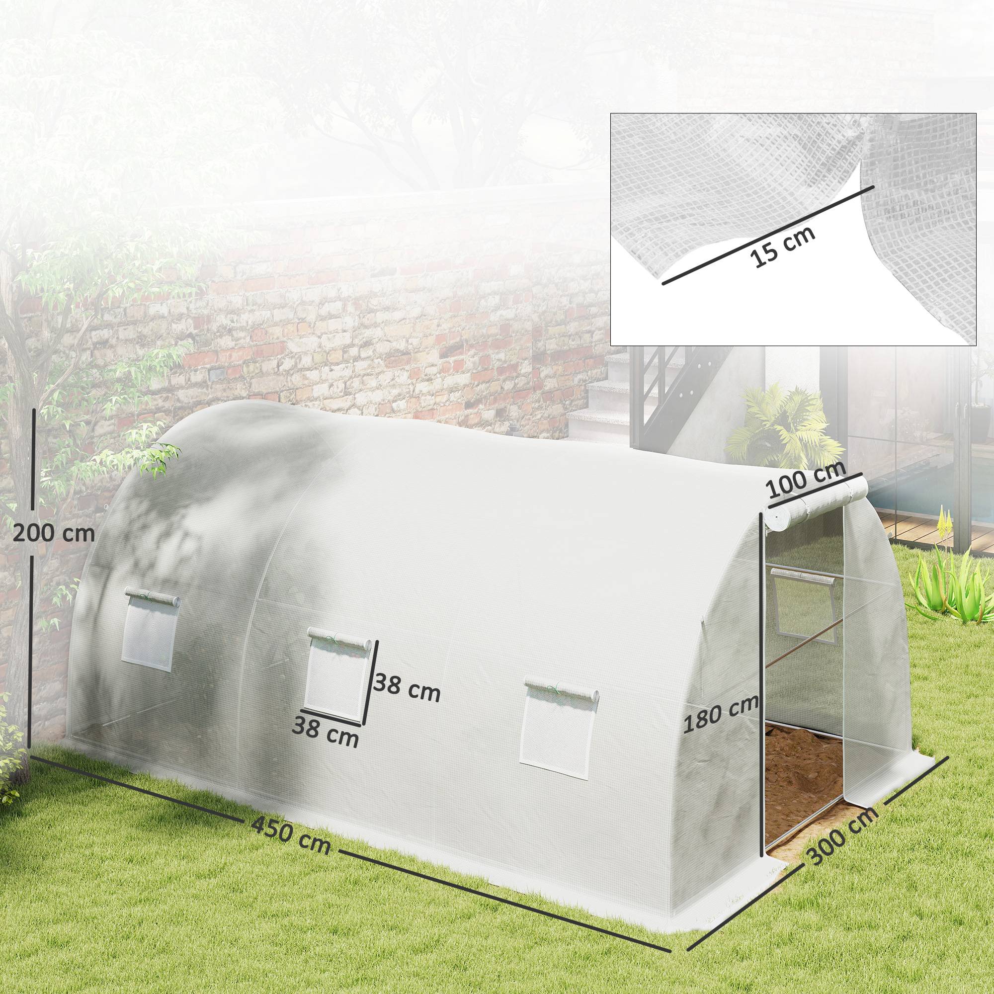 Sans Marque - Serre de jardin tunnel 13,5 m² 6 fenêtres, porte zippée enroulable châssis acier galvanisé, bâche PE 4,5 x 3 x 2 m blanc - Image 5