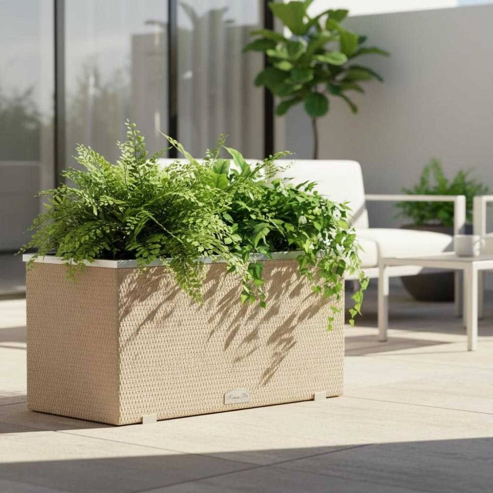 Rattan Art - Jardinière en résine tressée avec réserve d'eau et cadre en aluminium 95 x 39 x 43 cm - Imagen 2