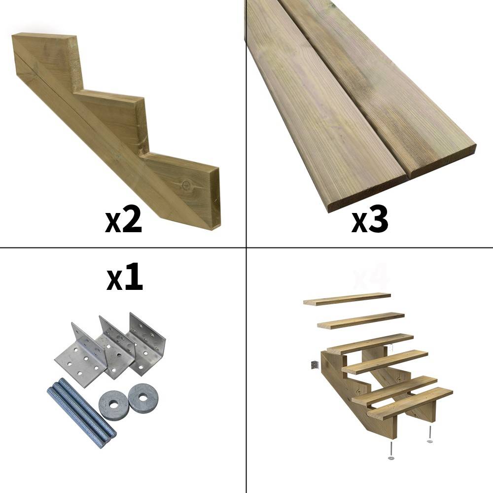 Escalier Bois Exterieur - 3 Marches - Largeur : 80 cm - Marches découpables - Sans Contremarches - Pin du Nord - Imagen 2