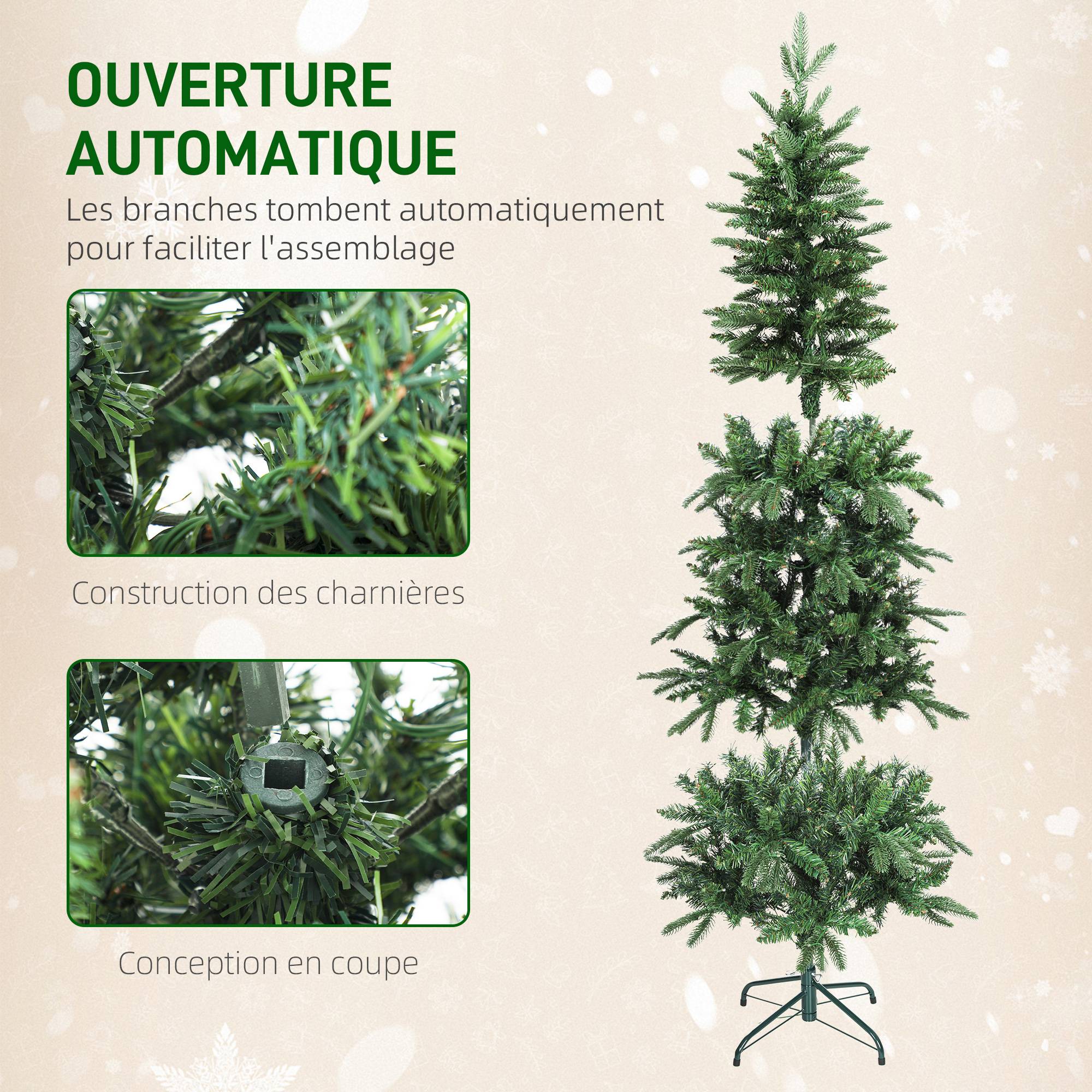 Sapin de Noël artificiel 210 cm, arbre de Noël slim avec 300 lumières 8 modes d'éclairage 826 branches articulées, vert - Image 9