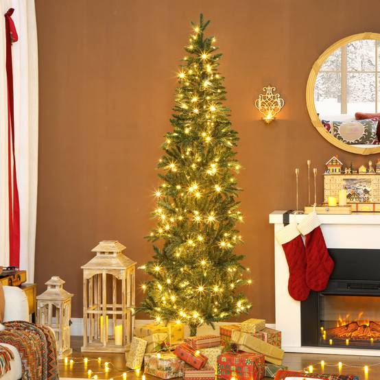 Sapin de Noël artificiel 210 cm, arbre de Noël slim avec 300 lumières 8 modes d'éclairage 826 branches articulées, vert - Image 3