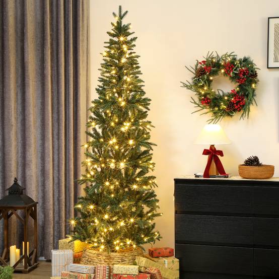 Sapin de Noël artificiel 210 cm, arbre de Noël slim avec 300 lumières 8 modes d'éclairage 826 branches articulées, vert - Image 4